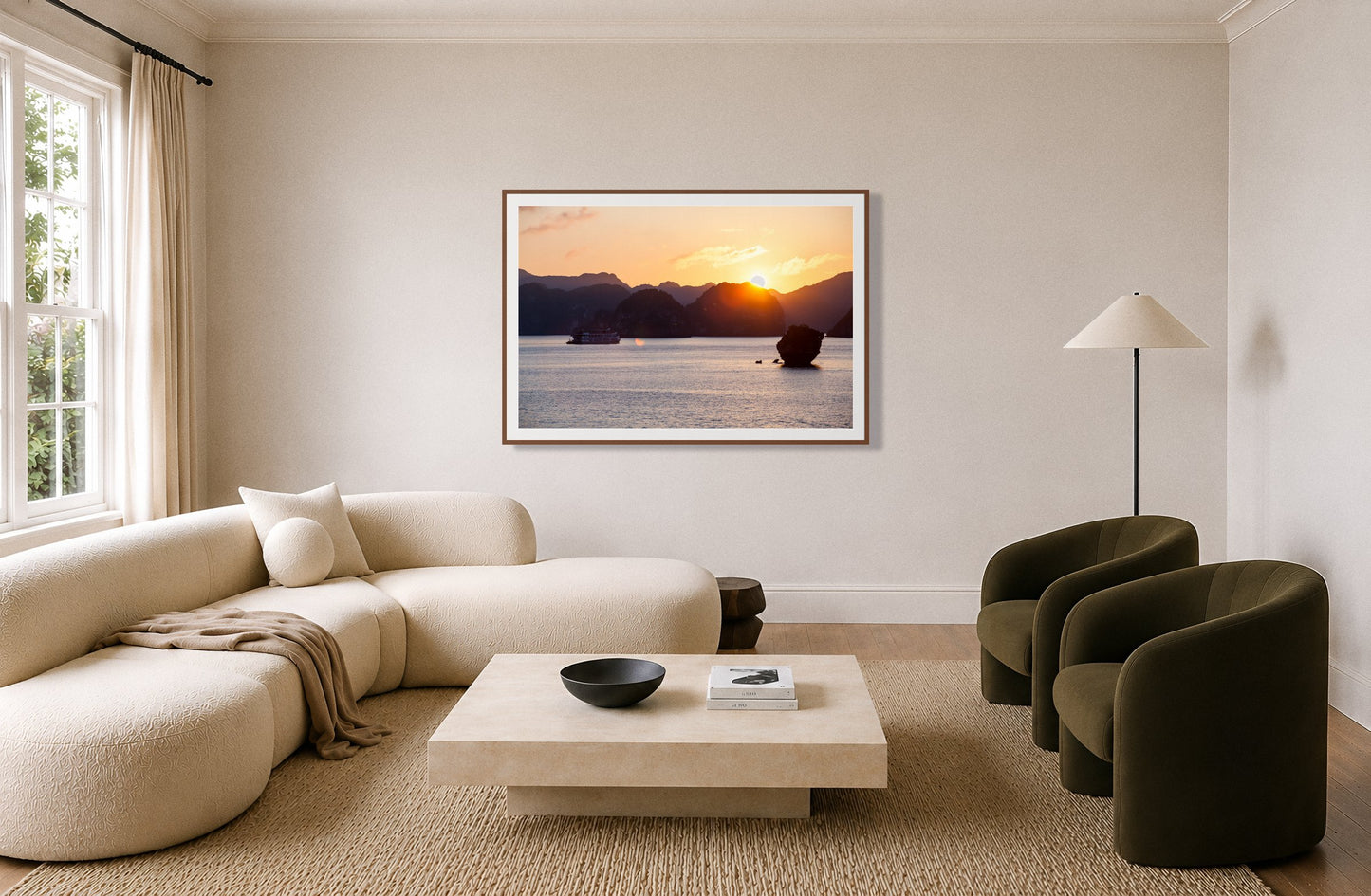 Framed photograph of Ha Long Bay by Dylan Ozanich displayed on a wall