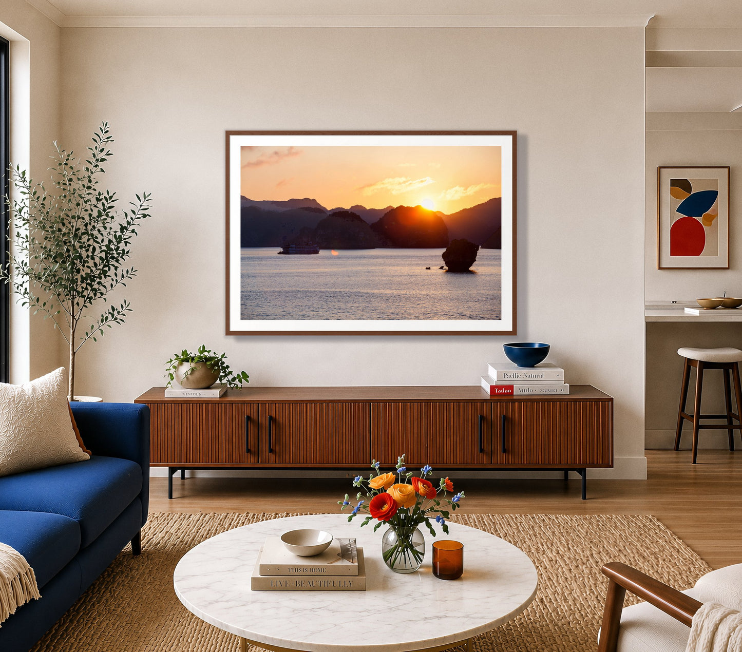 Ha Long Bay by Dylan Ozanich in a Walnut frame, above a walnut credenza in a bright living room with a blue sofa