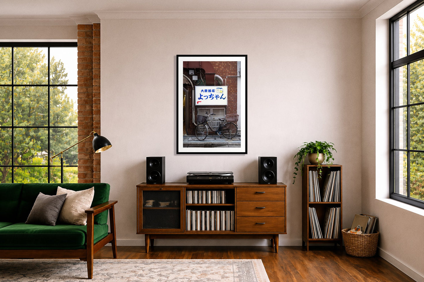 Invite Only by Dylan Ozanich in a Black frame, above a record credenza in a listening room with a green velvet sofa