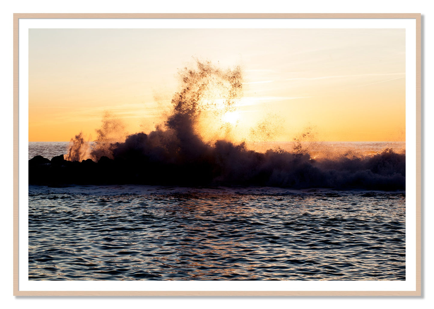 Italian Coast by Dylan Ozanich, 48×72 print with a White Border in a Maple frame