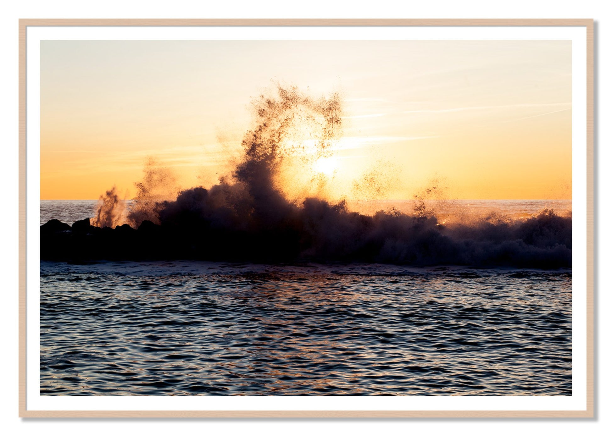 Italian Coast by Dylan Ozanich, 48×72 print with a White Border in a Maple frame