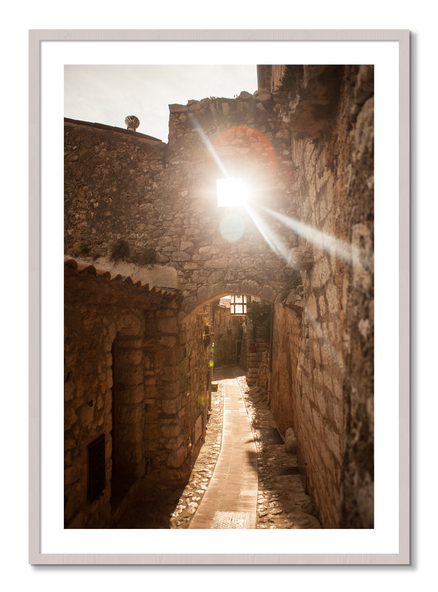 Framed photograph of Italian Light by Dylan Ozanich, White Maple frame, Borders