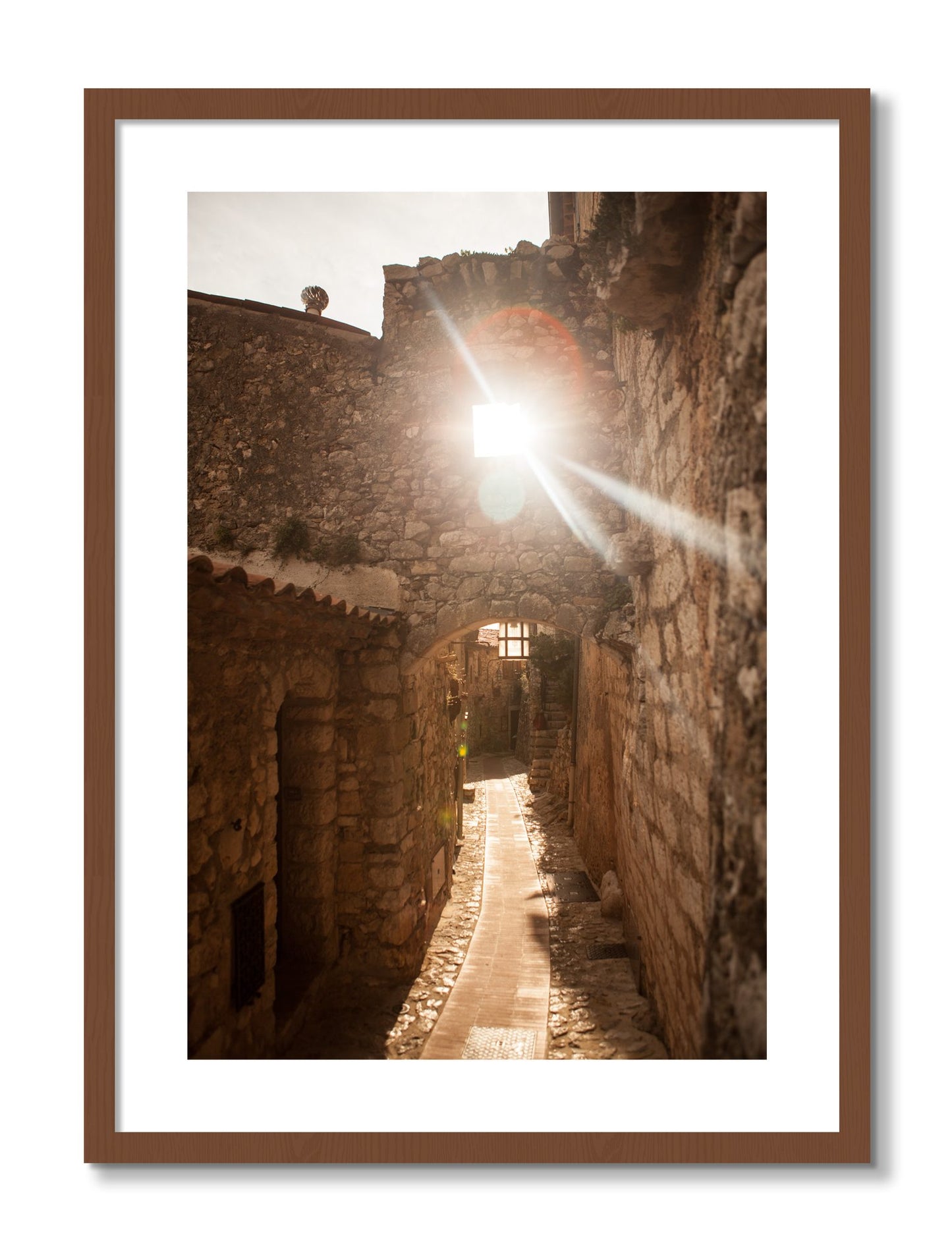 Framed photograph of Italian Light by Dylan Ozanich, Walnut frame, Borders