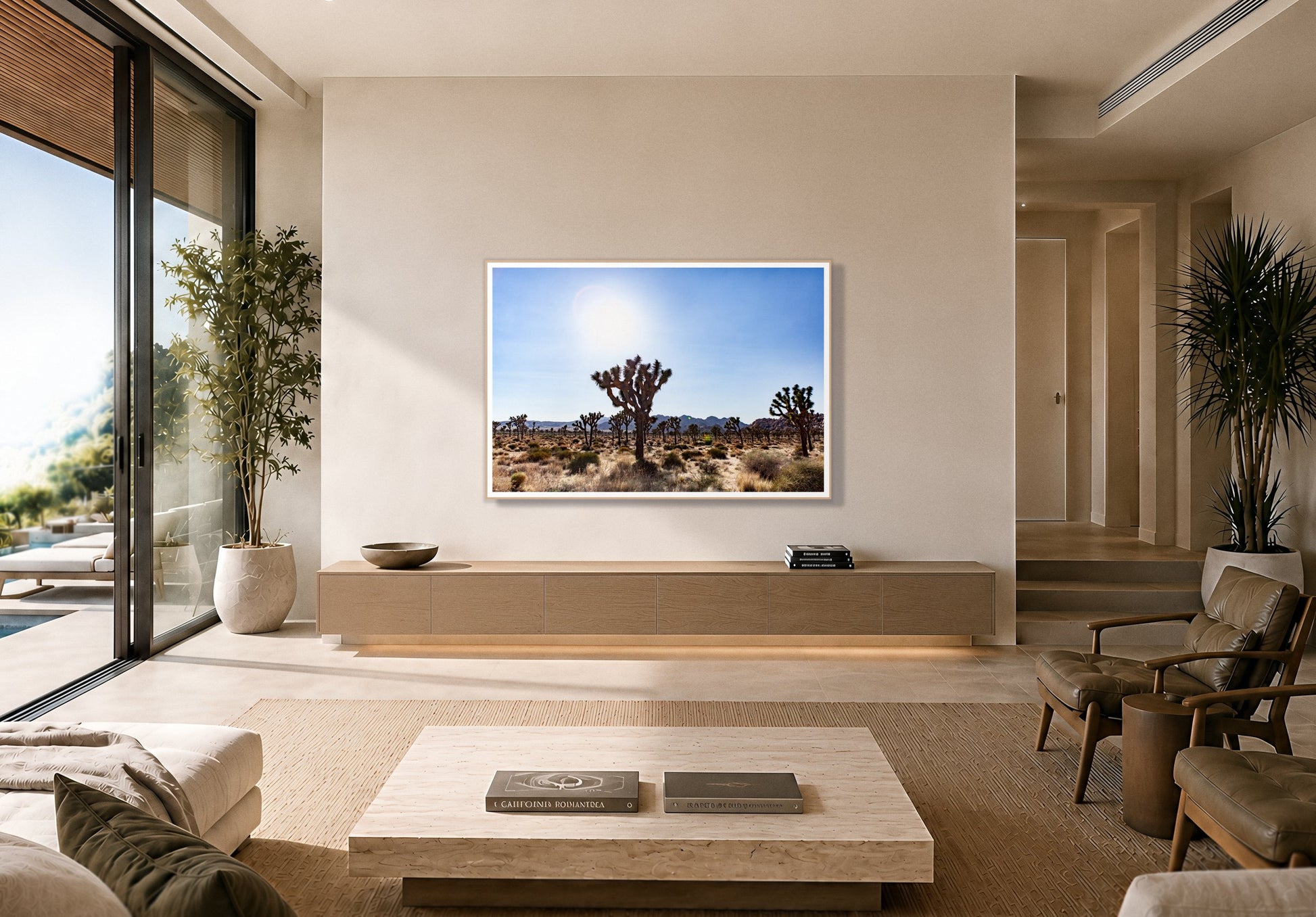 Joshua Tree by Dylan Ozanich in an Oak frame, above a floating oak credenza in a minimalist room opening onto a pool terrace