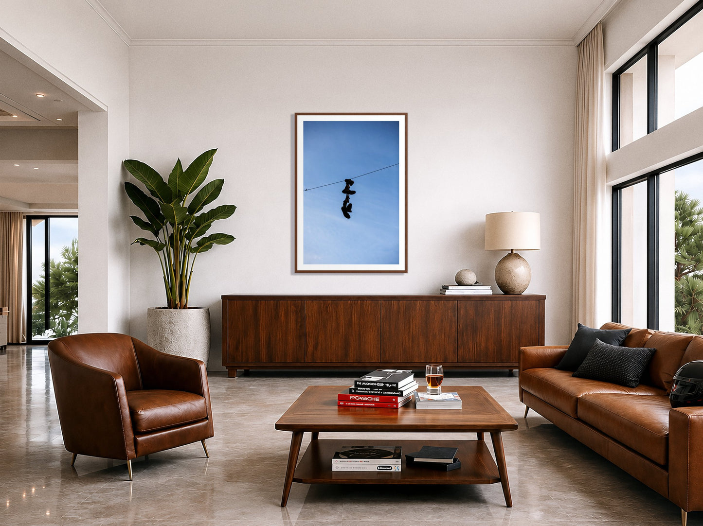 Kicks by Dylan Ozanich in a Walnut frame, above a walnut credenza in a modern living room with polished stone floors
