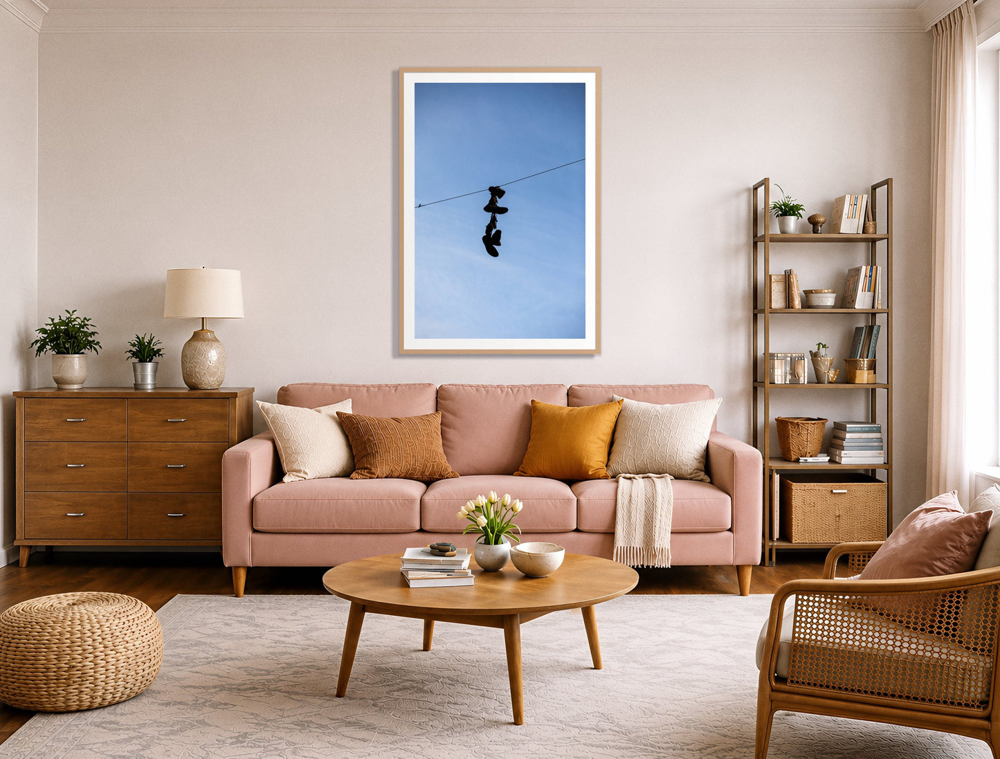 Kicks by Dylan Ozanich in an Oak frame, above a blush pink sofa in a warm, eclectic living room