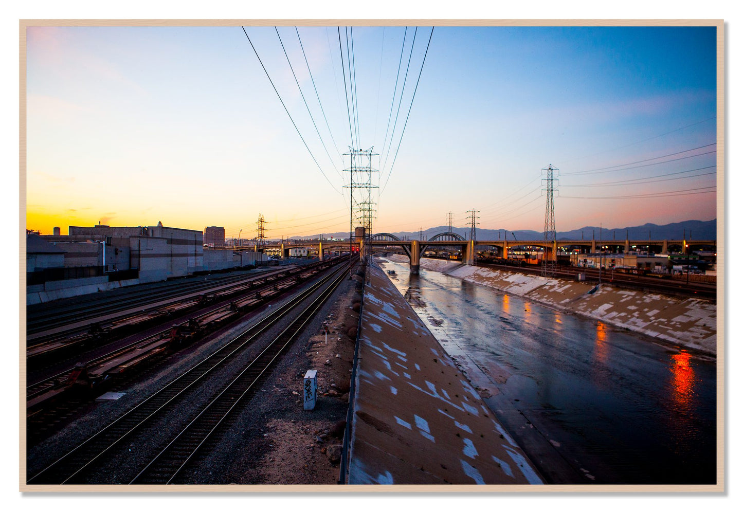 LARiver by Dylan Ozanich, 48×72 Full Bleed Print in a Maple frame