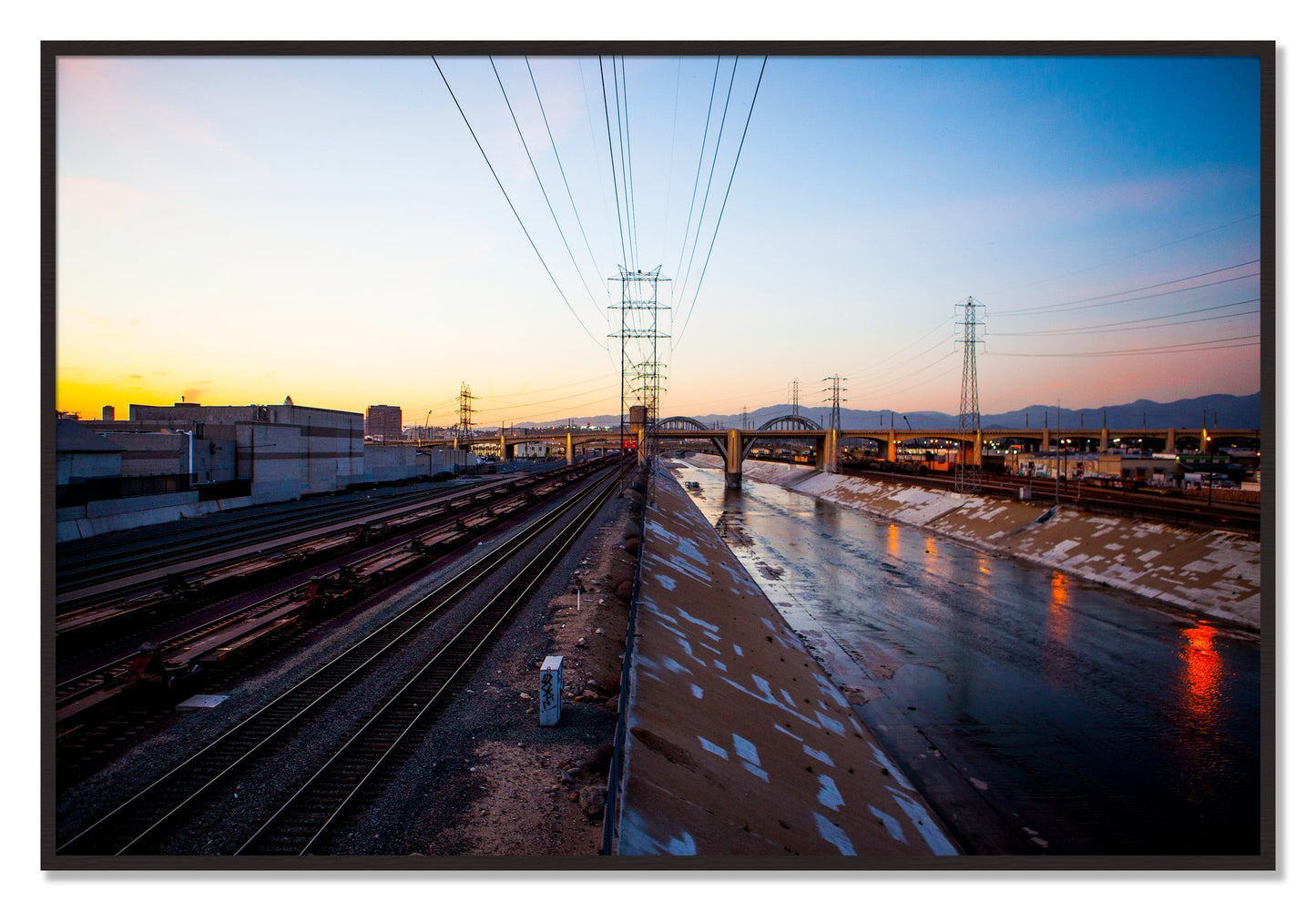 Framed photograph of LARiver by Dylan Ozanich, Black Walnut frame, Full Bleed