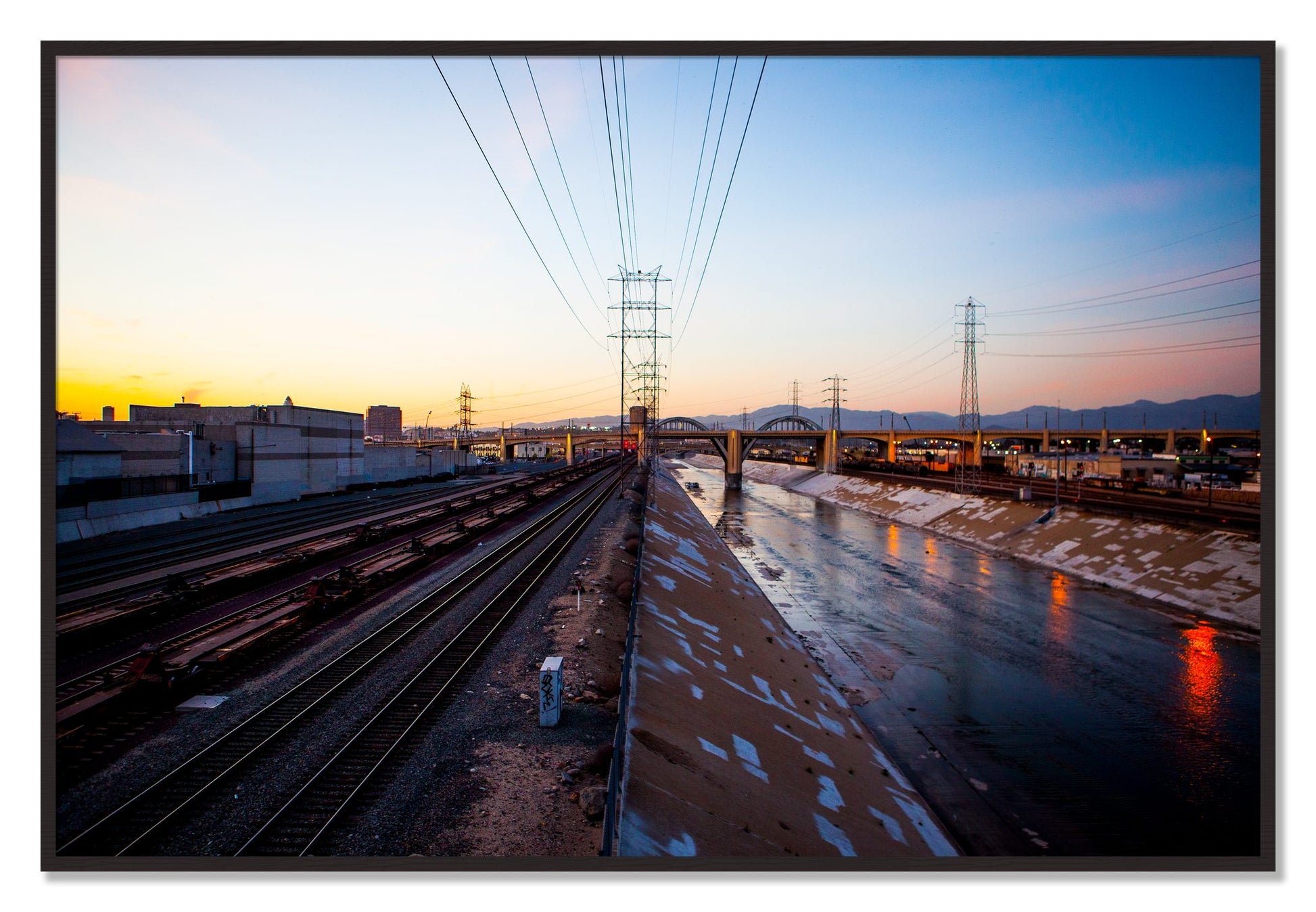 Framed photograph of LARiver by Dylan Ozanich, Black Walnut frame, Full Bleed