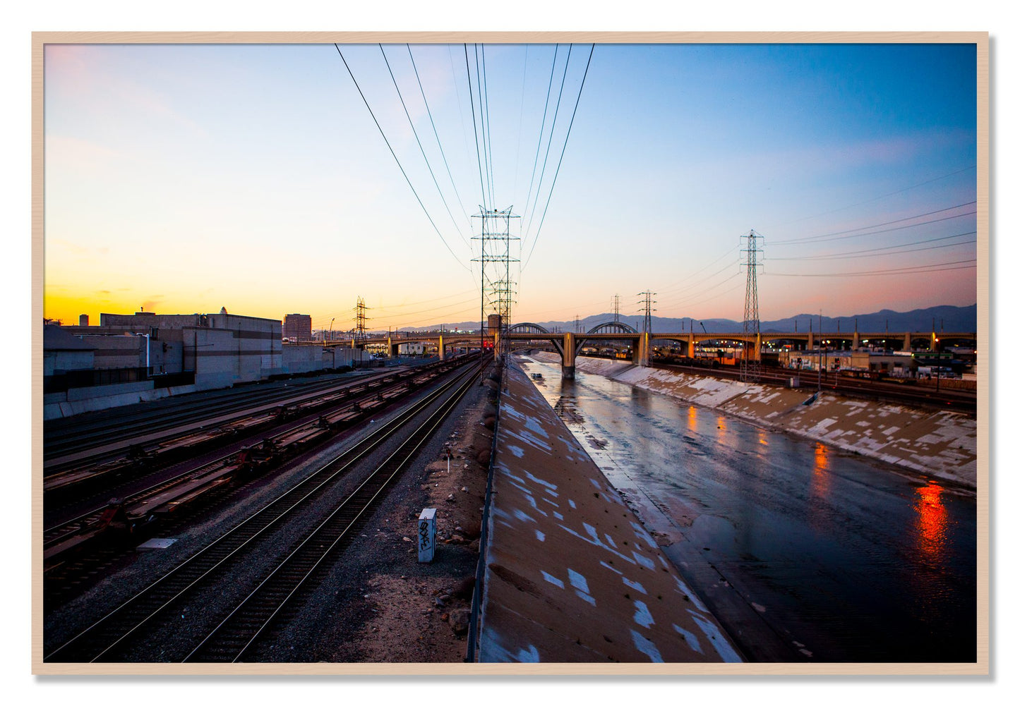 Framed photograph of LARiver by Dylan Ozanich, Maple frame, Full Bleed