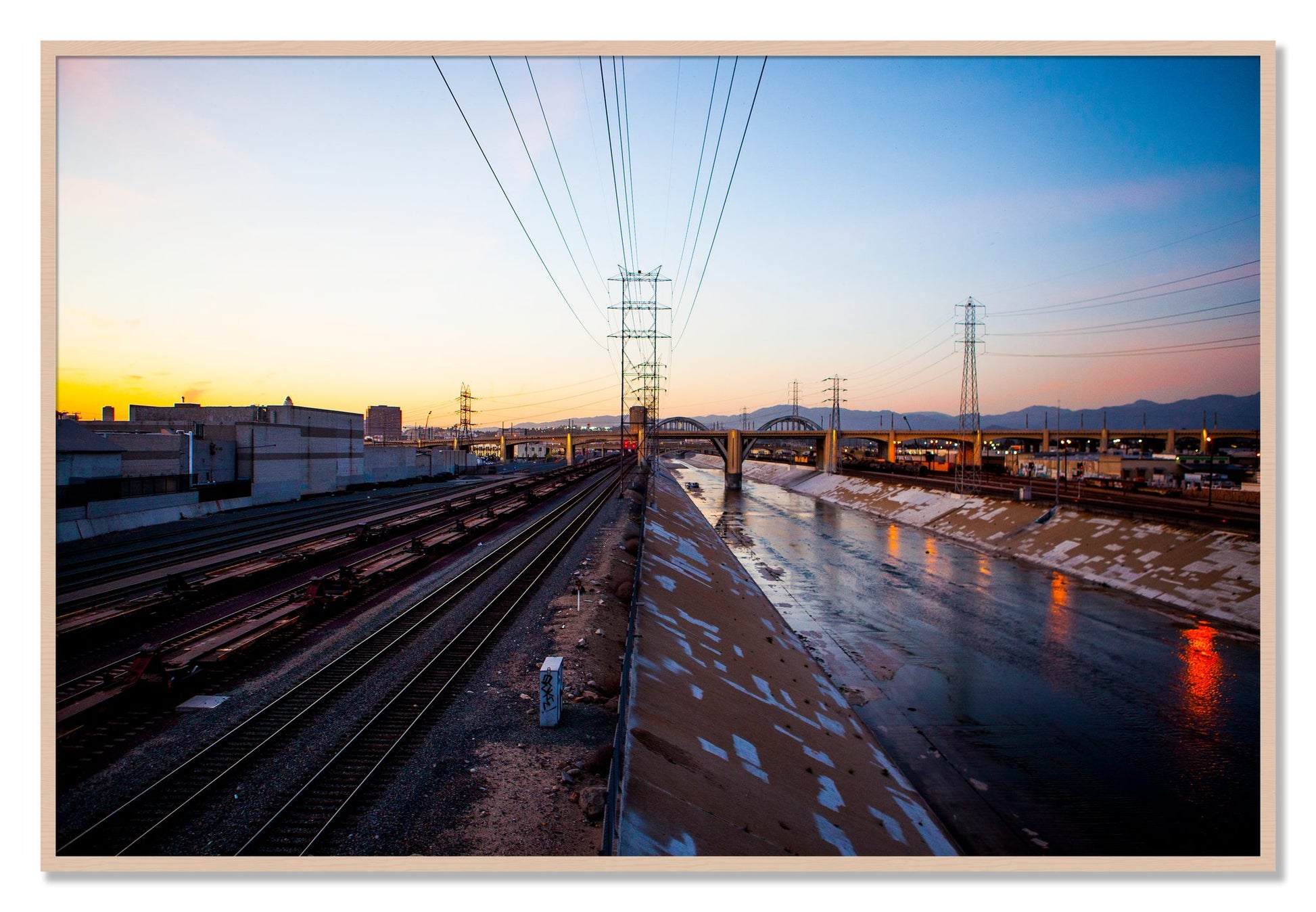 Framed photograph of LARiver by Dylan Ozanich, Maple frame, Full Bleed