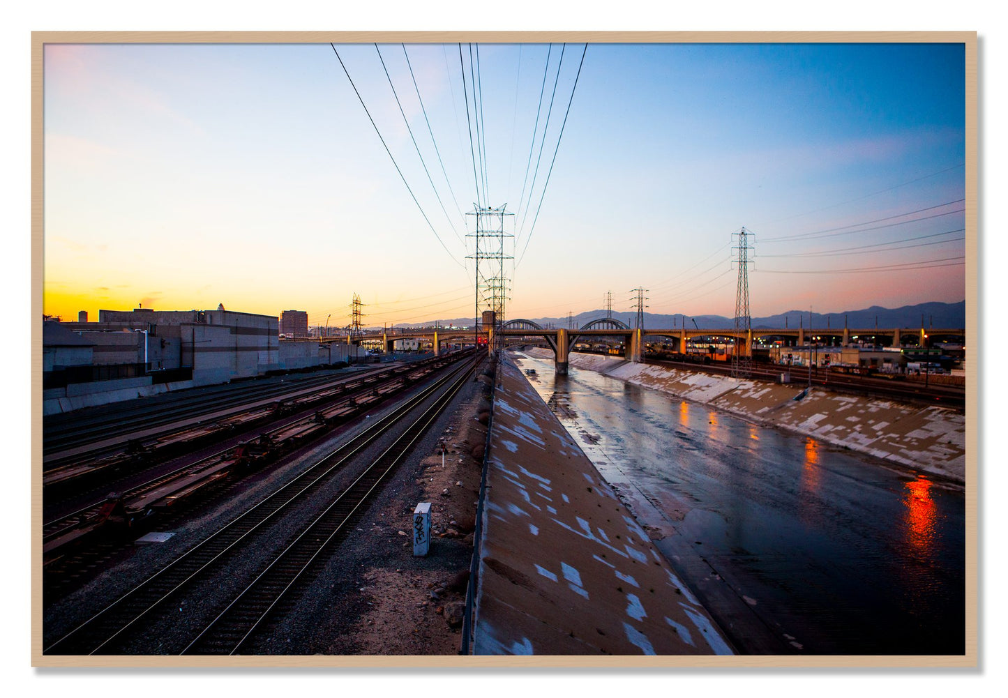 Framed photograph of LARiver by Dylan Ozanich, Oak frame, Full Bleed