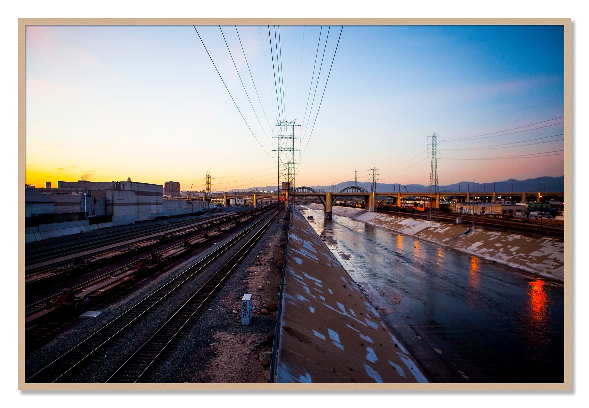 Framed photograph of LARiver by Dylan Ozanich, Oak frame, Full Bleed