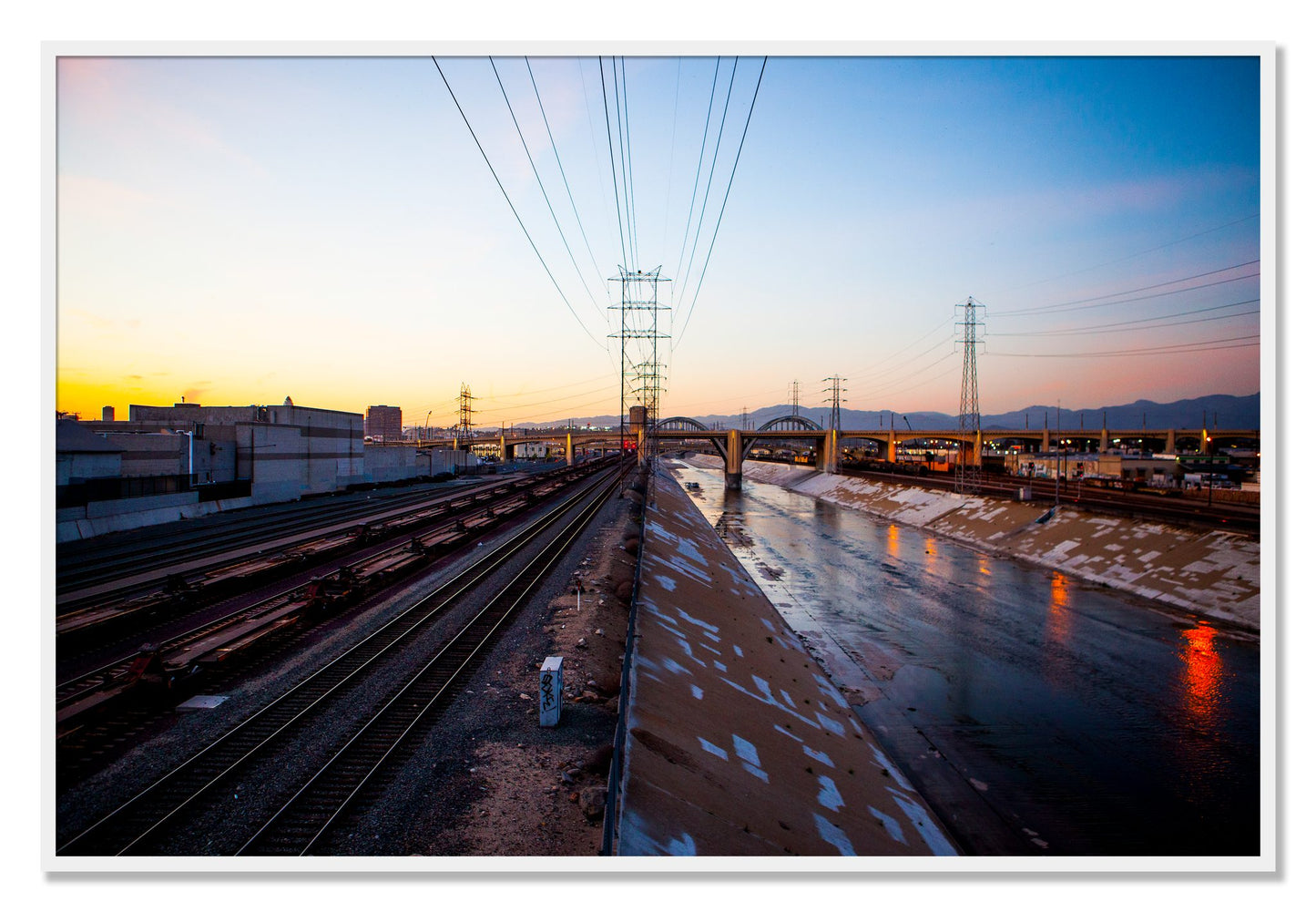 Framed photograph of LARiver by Dylan Ozanich, White frame, Full Bleed