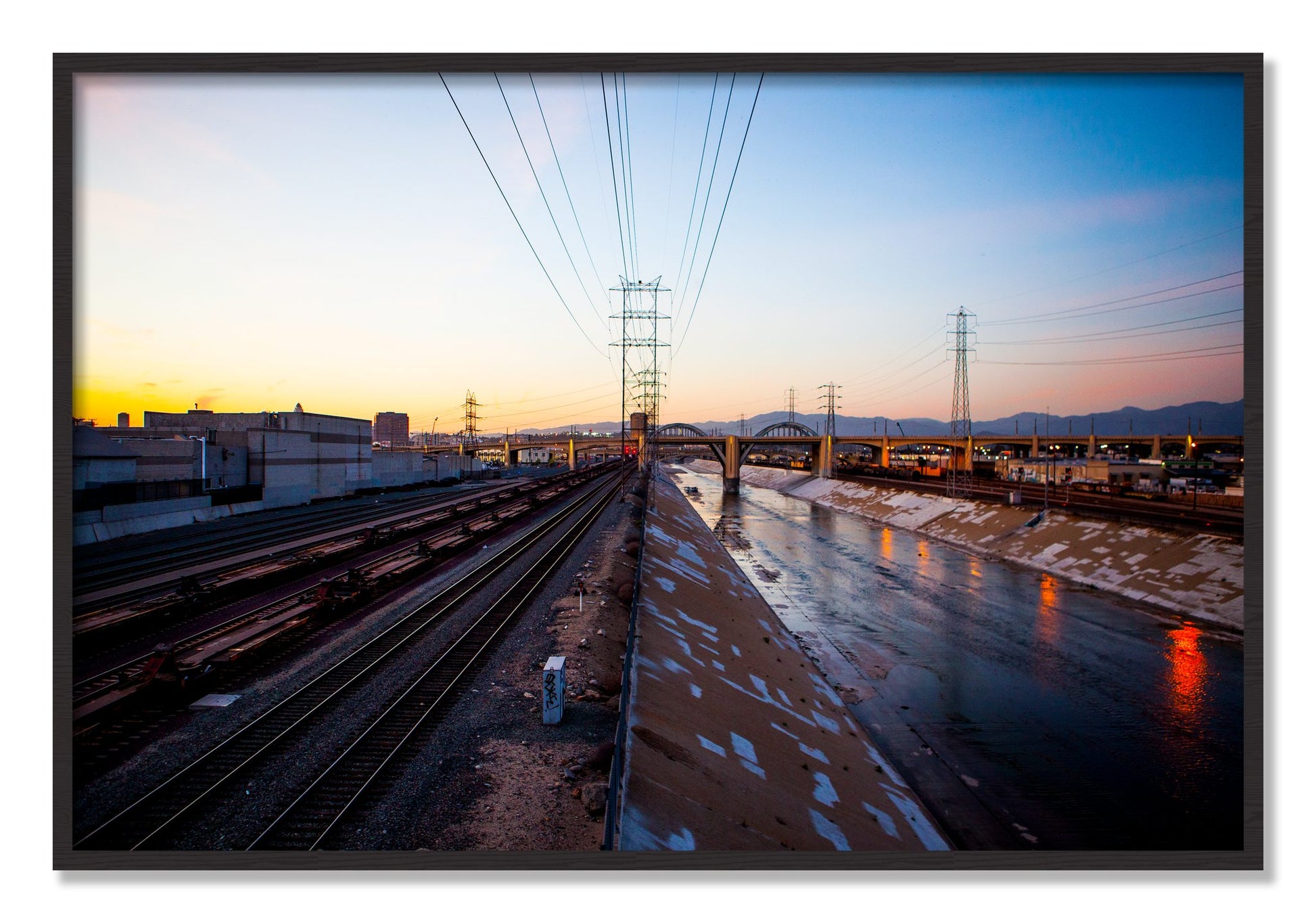 Framed photograph of LARiver by Dylan Ozanich, Black Walnut frame, Full Bleed
