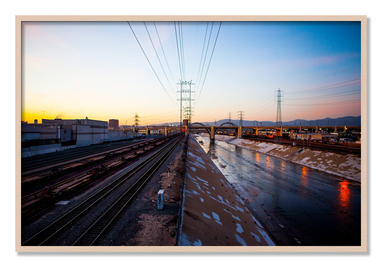 Framed photograph of LARiver by Dylan Ozanich, Maple frame, Full Bleed