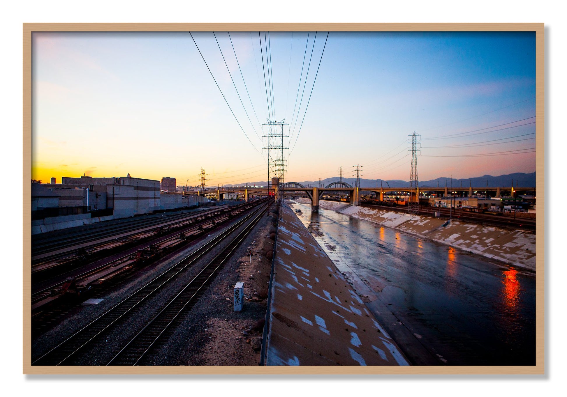 Framed photograph of LARiver by Dylan Ozanich, Oak frame, Full Bleed