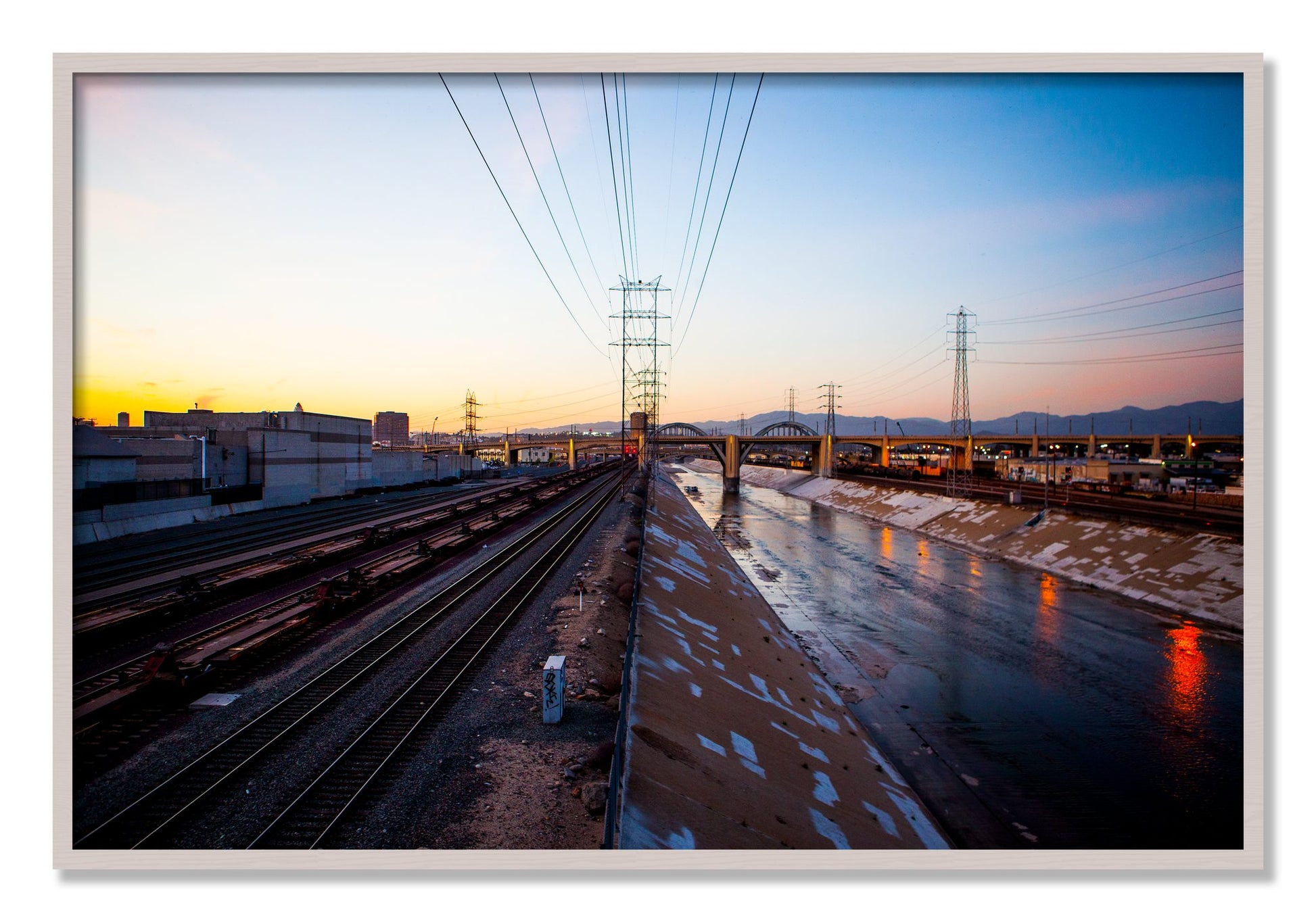 Framed photograph of LARiver by Dylan Ozanich, White Maple frame, Full Bleed