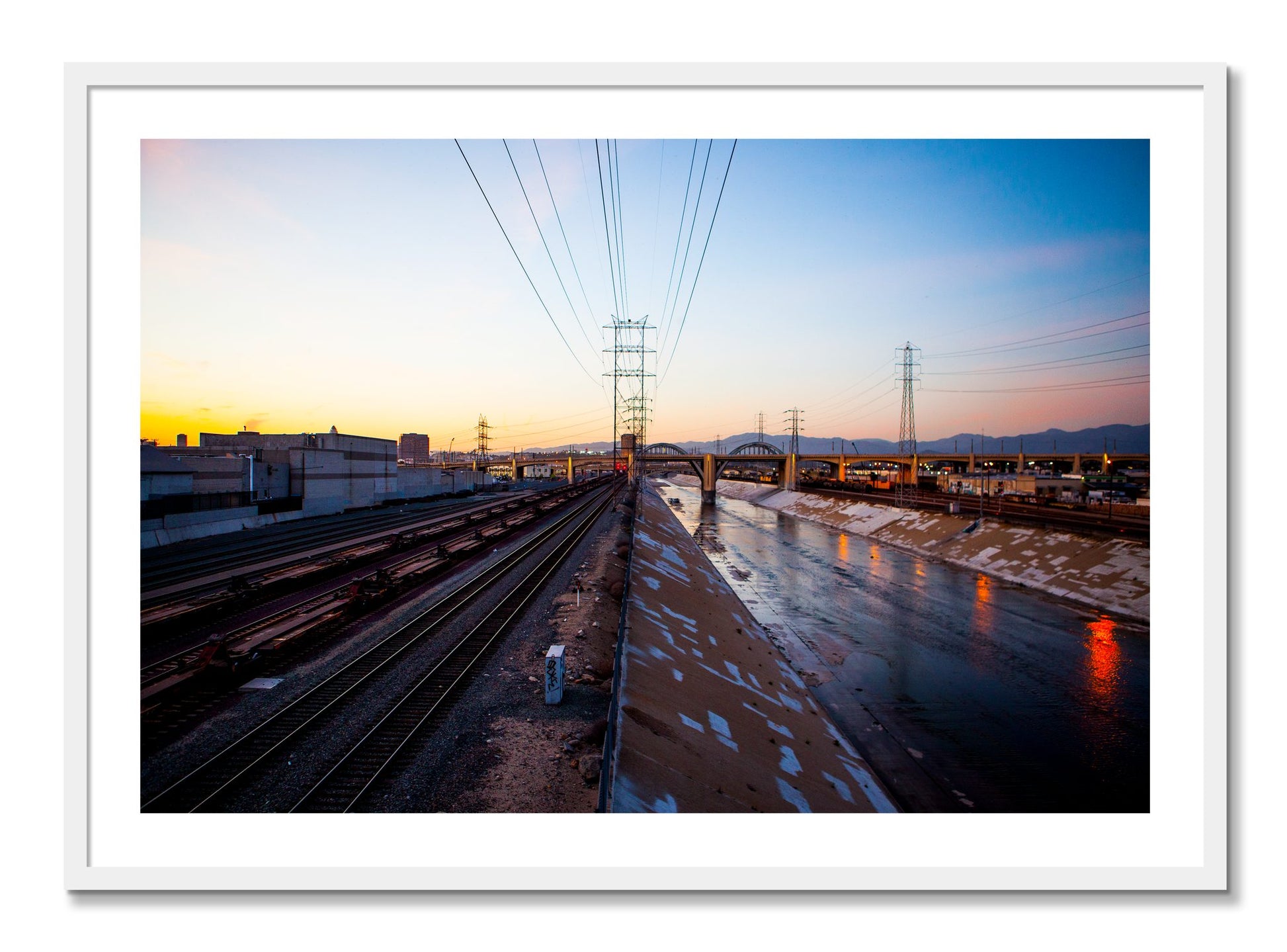 Framed photograph of LARiver by Dylan Ozanich, White frame, Borders