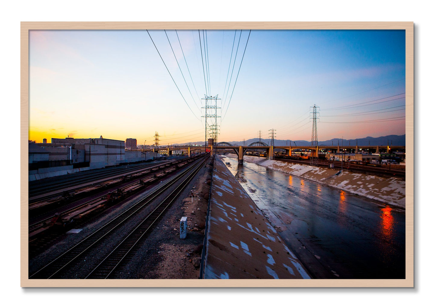 Framed photograph of LARiver by Dylan Ozanich, Maple frame, Full Bleed