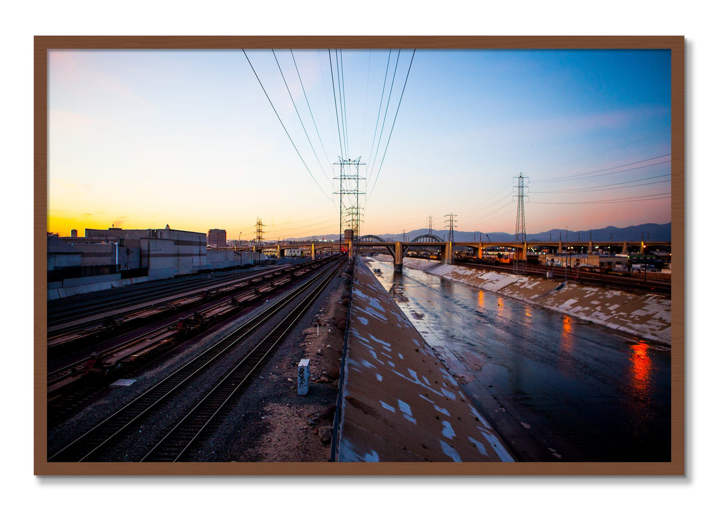 Framed photograph of LARiver by Dylan Ozanich, Walnut frame, Full Bleed