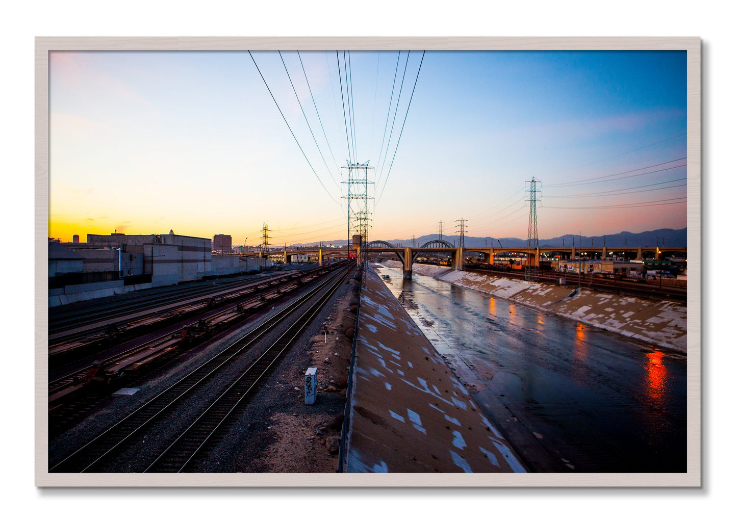 Framed photograph of LARiver by Dylan Ozanich, White Maple frame, Full Bleed