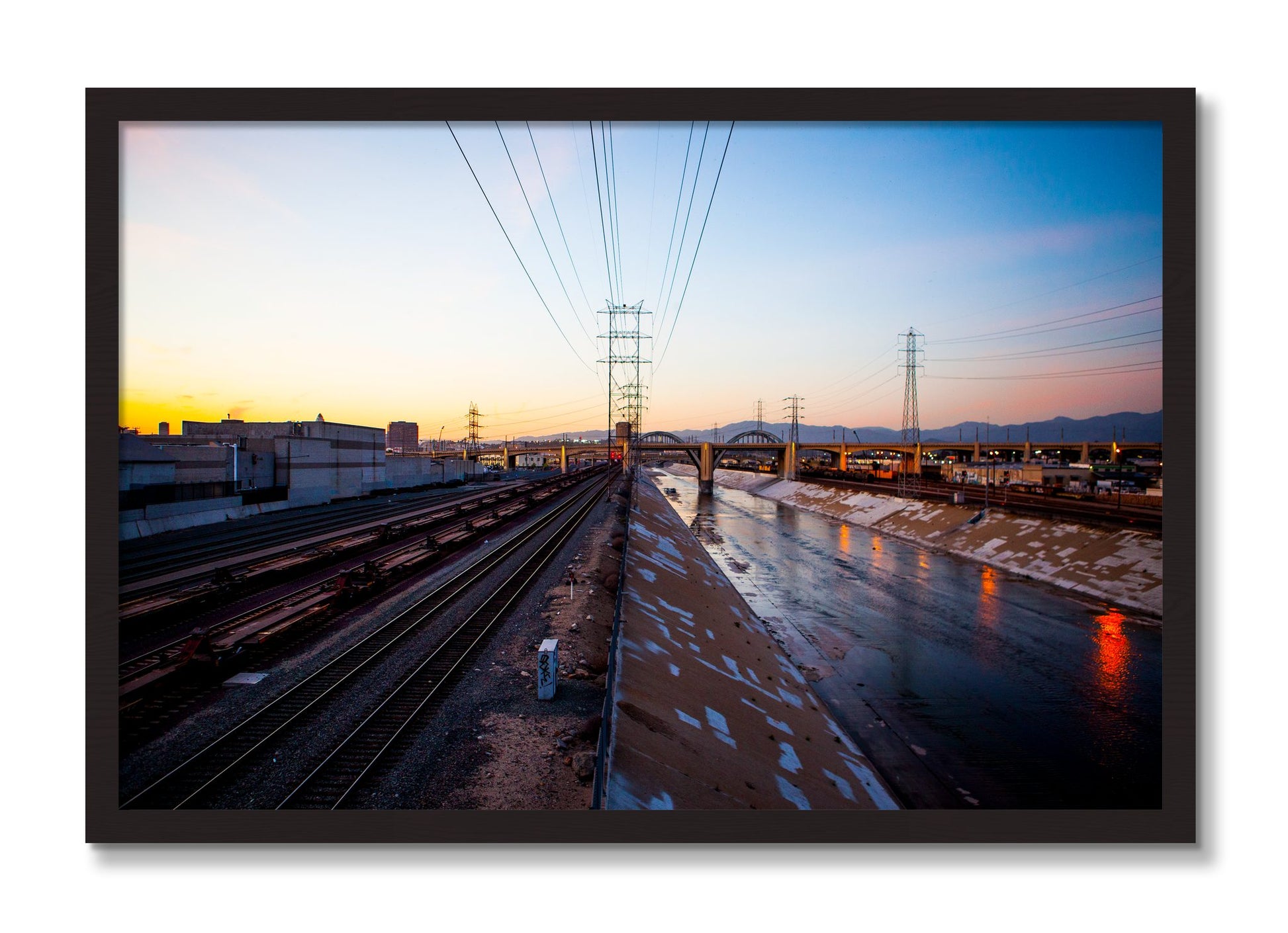 Framed photograph of LARiver by Dylan Ozanich, Black Walnut frame, Full Bleed