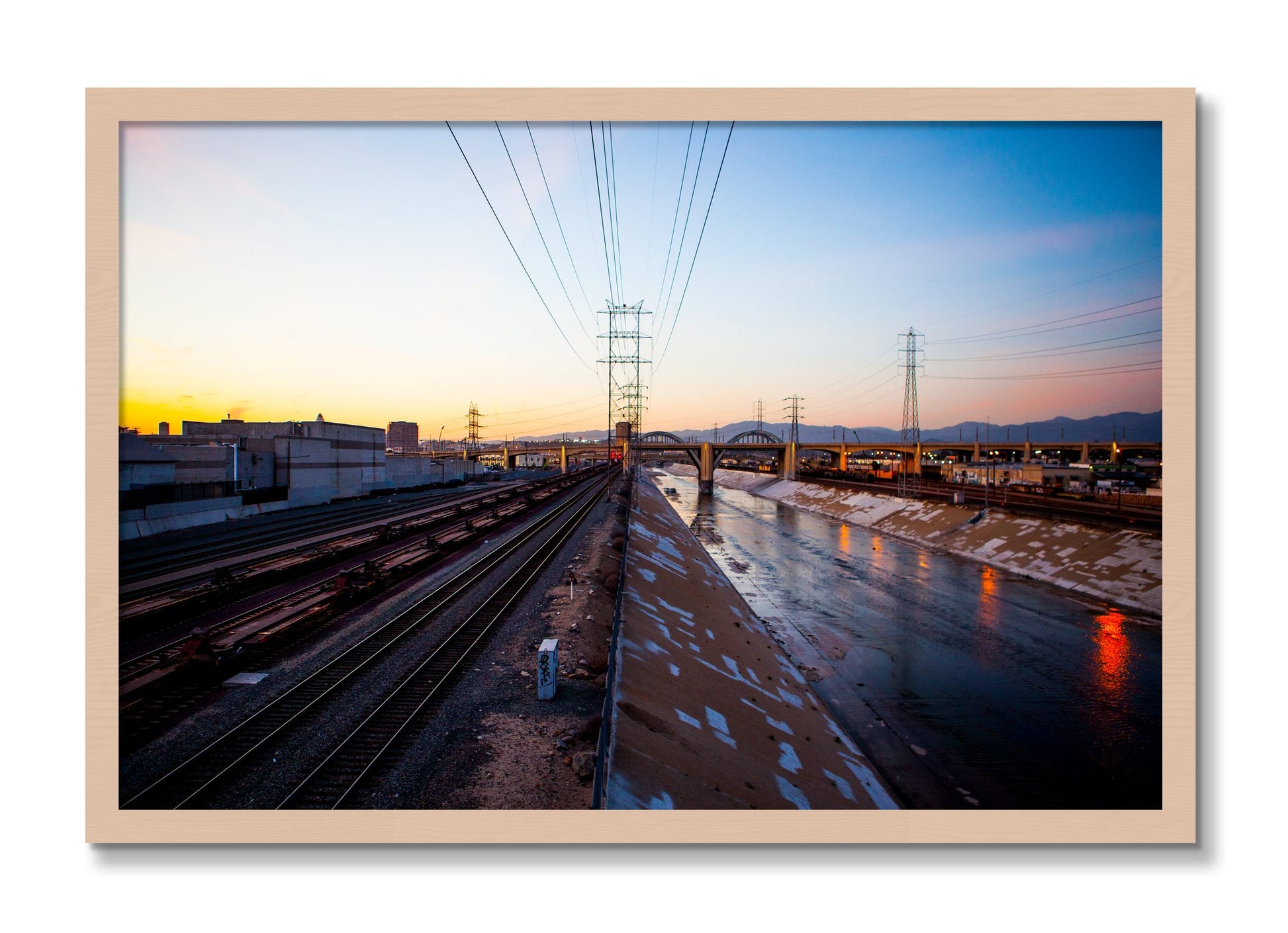 Framed photograph of LARiver by Dylan Ozanich, Maple frame, Full Bleed