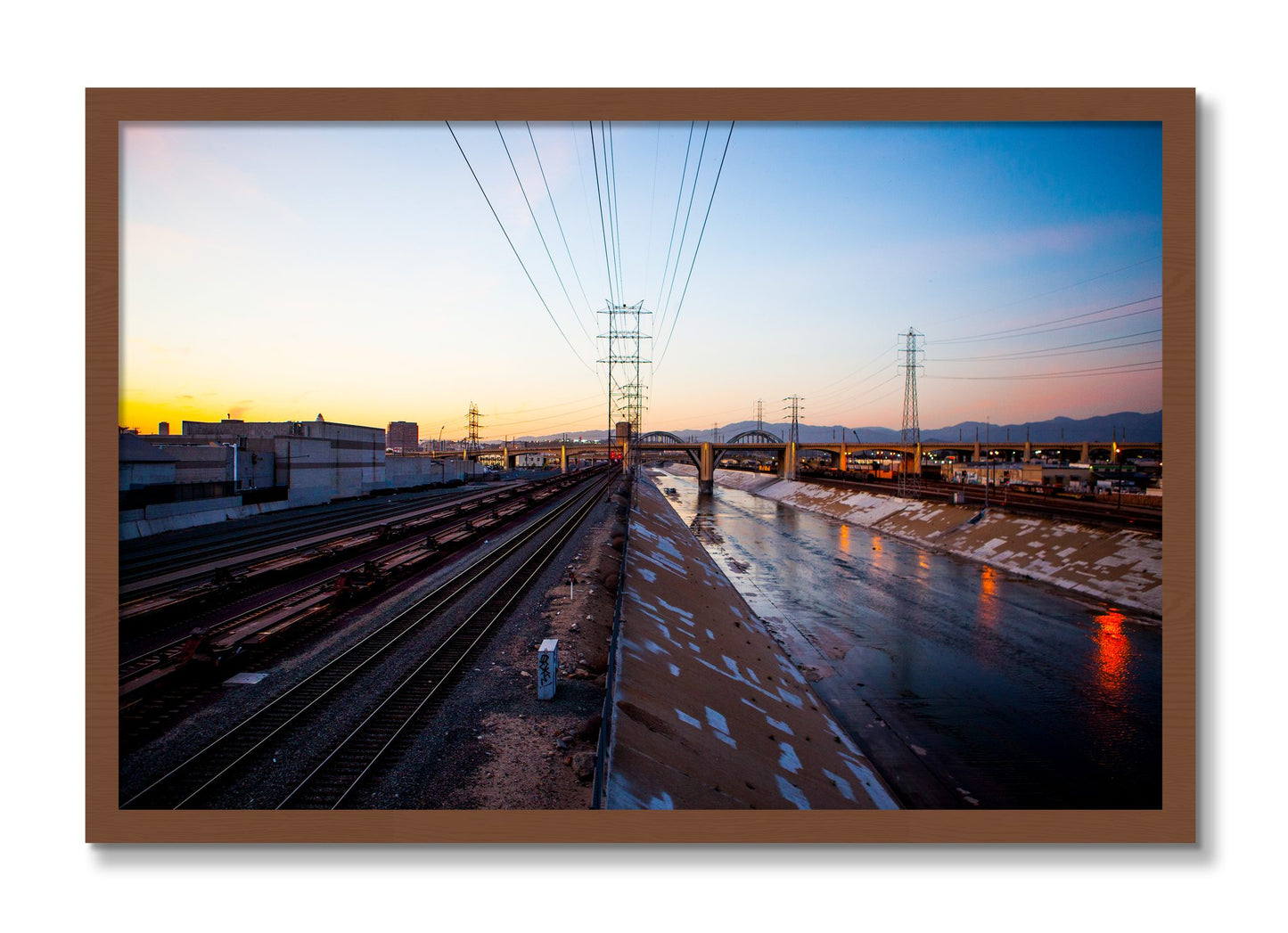 Framed photograph of LARiver by Dylan Ozanich, Walnut frame, Full Bleed