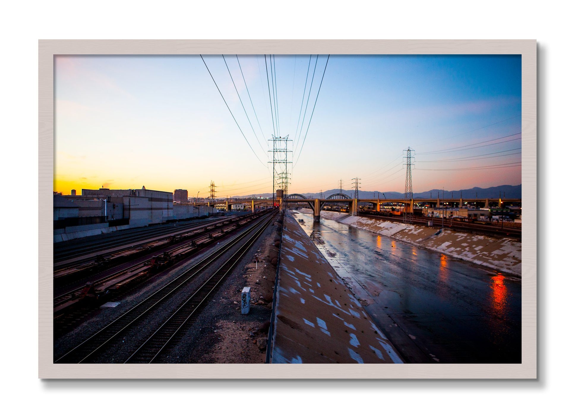 Framed photograph of LARiver by Dylan Ozanich, White Maple frame, Full Bleed
