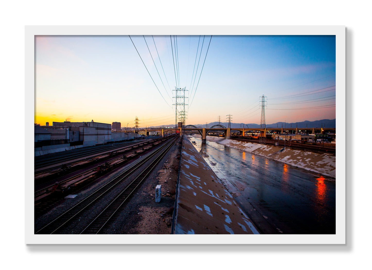 Framed photograph of LARiver by Dylan Ozanich, White frame, Full Bleed