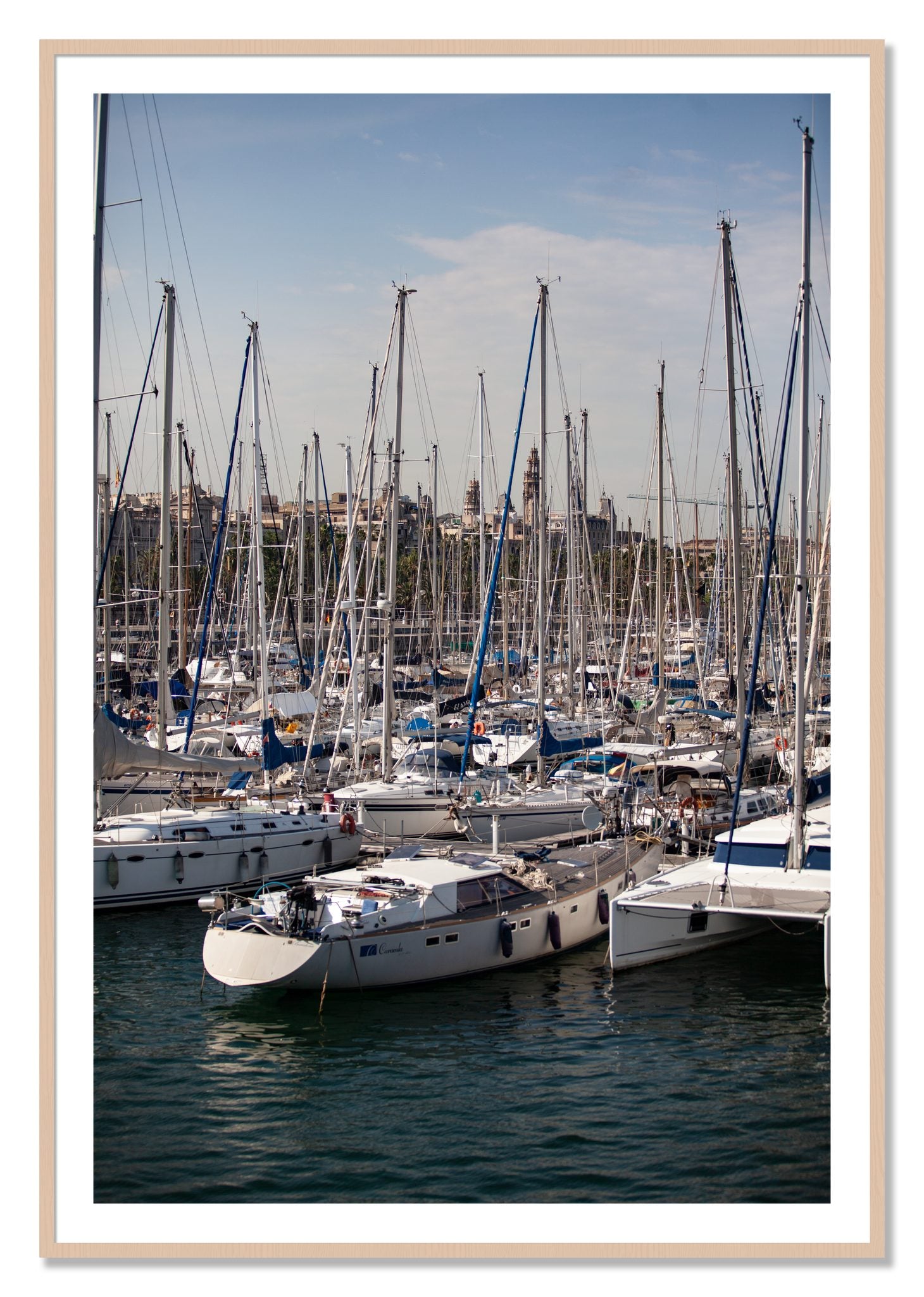 Framed photograph of Marina Nice France by Dylan Ozanich, Maple frame, Borders