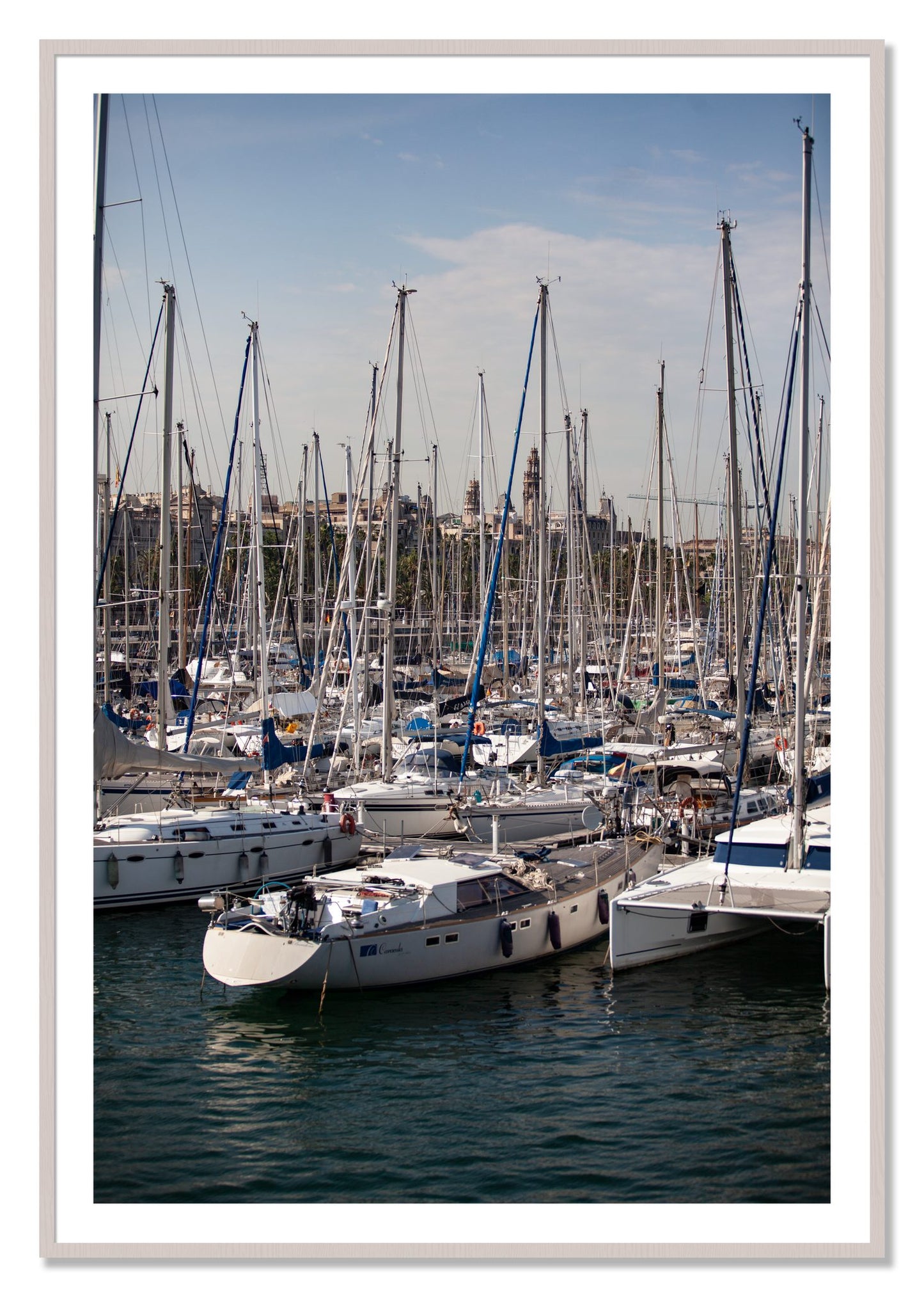 Framed photograph of Marina Nice France by Dylan Ozanich, White Maple frame, Borders