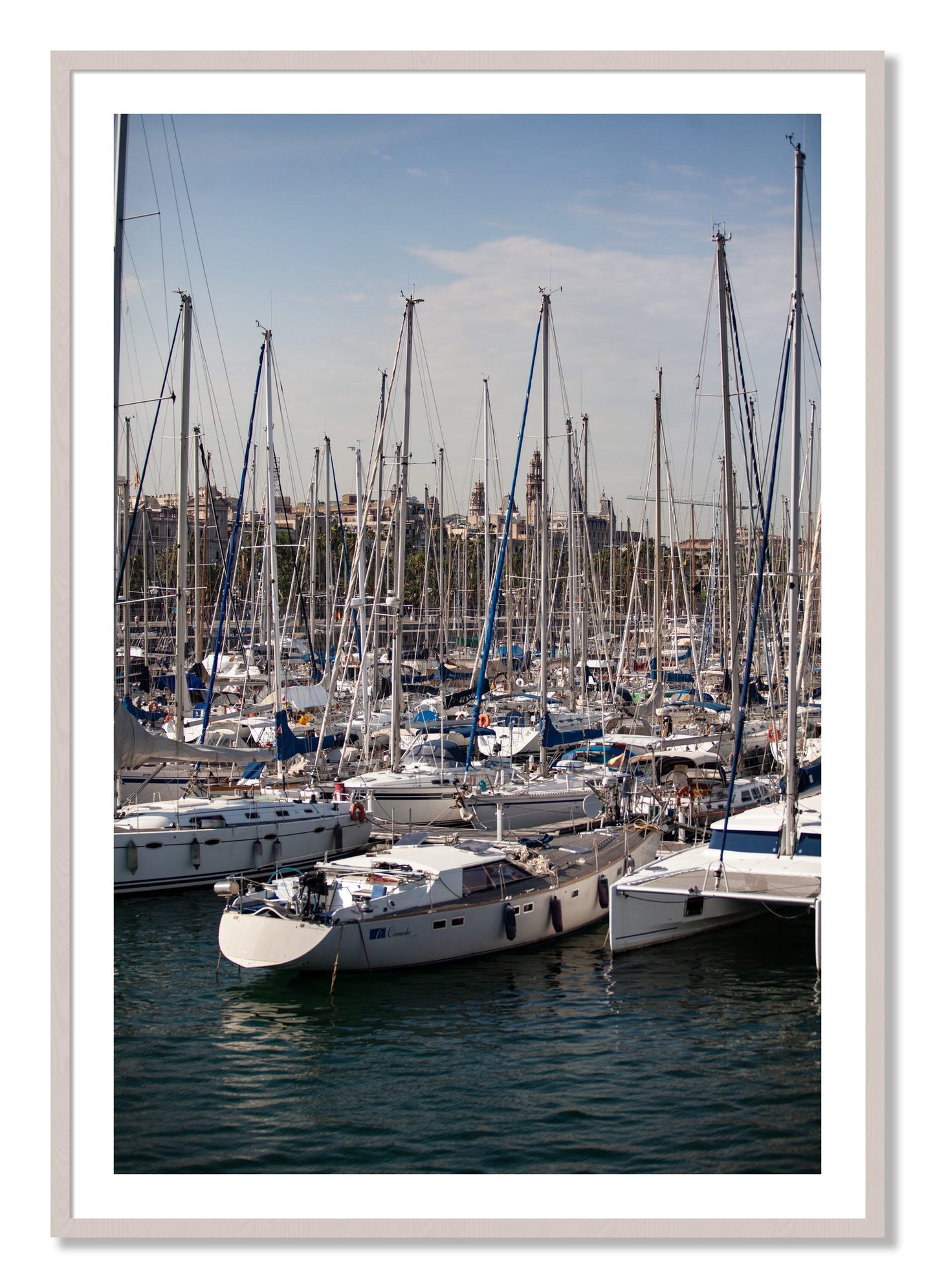 Framed photograph of Marina Nice France by Dylan Ozanich, White Maple frame, Borders