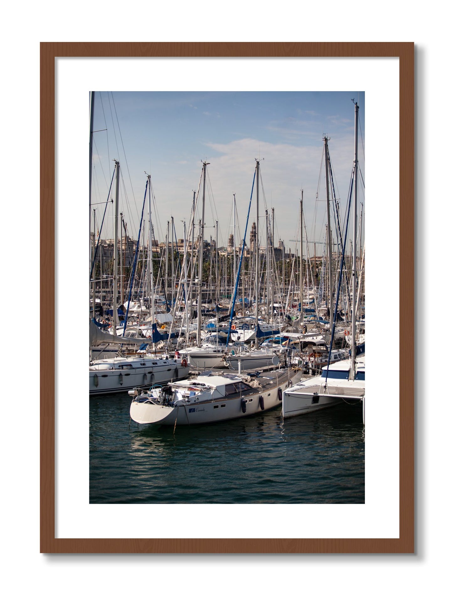 Framed photograph of Marina Nice France by Dylan Ozanich, Walnut frame, Borders