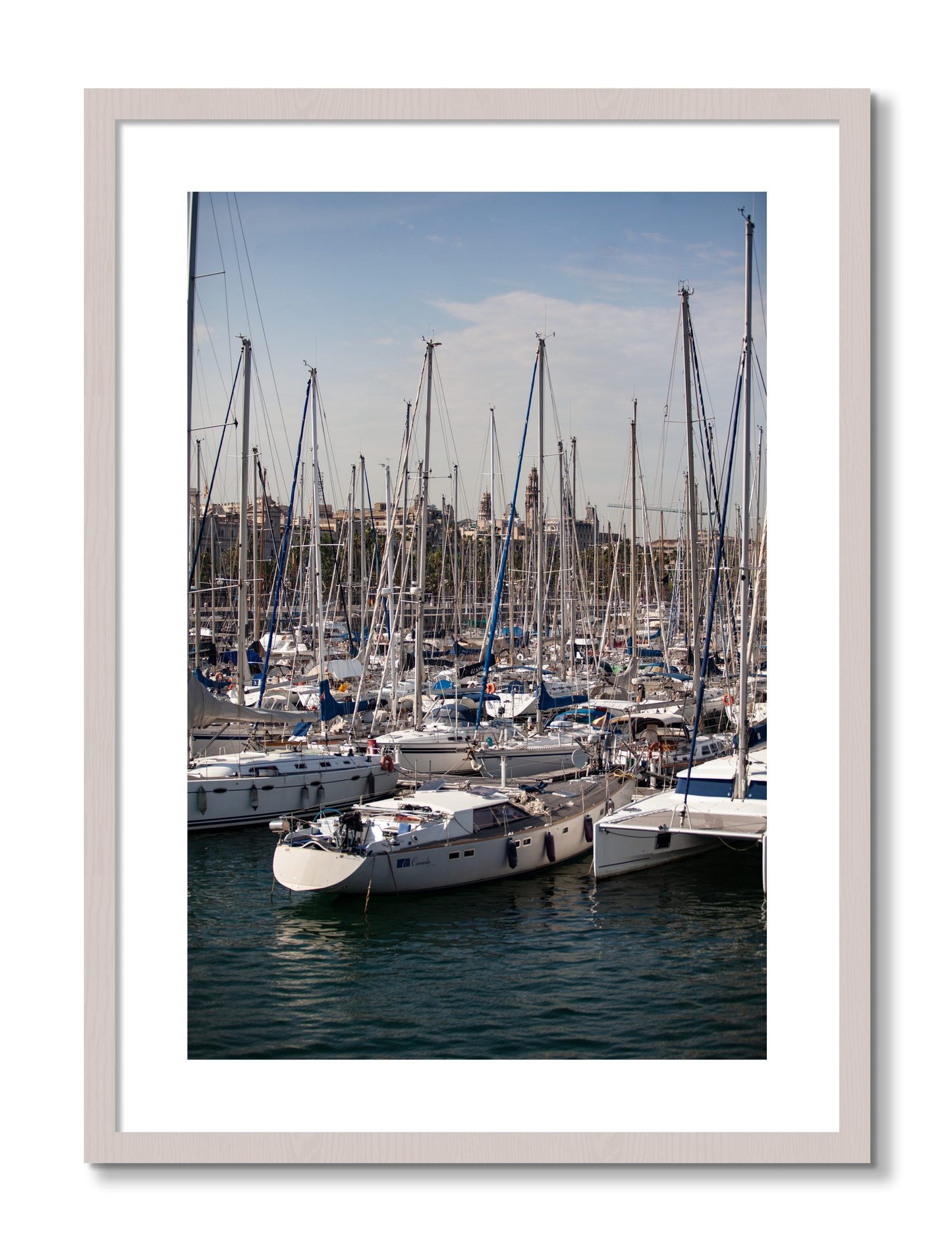 Framed photograph of Marina Nice France by Dylan Ozanich, White Maple frame, Borders