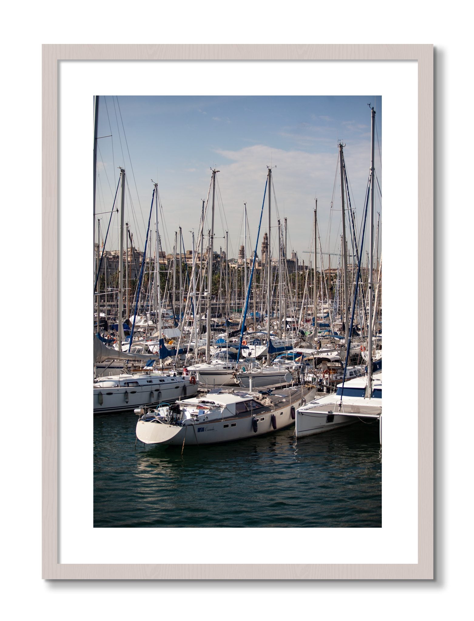 Framed photograph of Marina Nice France by Dylan Ozanich, White Maple frame, Borders