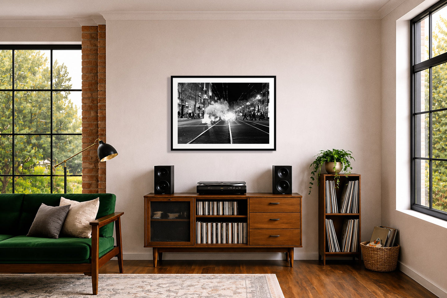 Market Street by Dylan Ozanich in a Black frame, above a record credenza in a listening room with a green velvet sofa