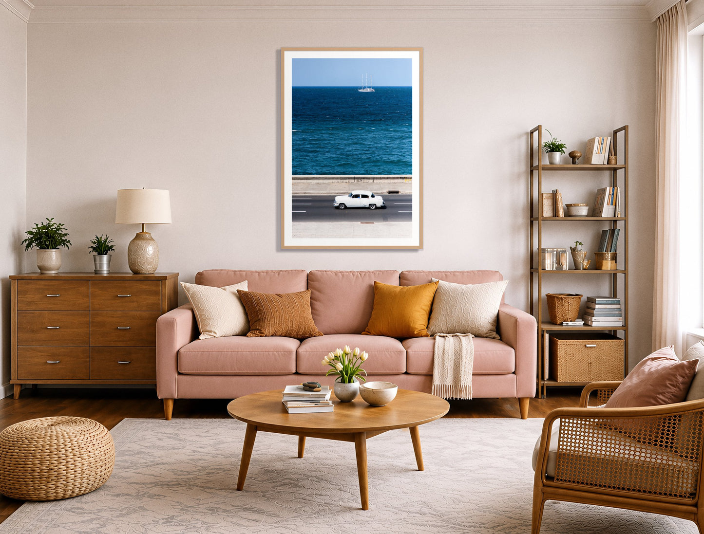 Melacon by Dylan Ozanich in an Oak frame, above a blush pink sofa in a warm, eclectic living room