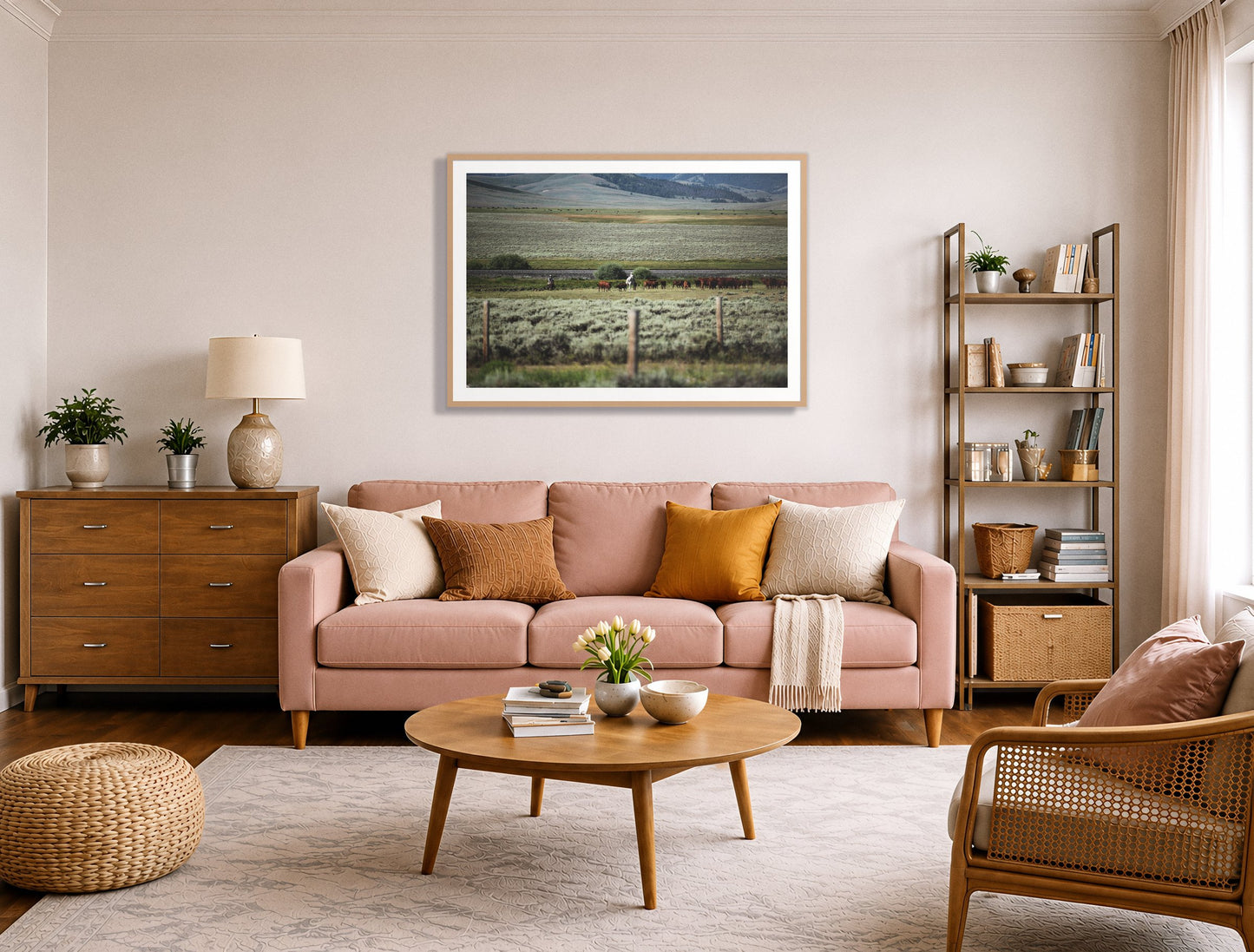 Montana by Dylan Ozanich in an Oak frame, above a blush pink sofa in a warm, eclectic living room