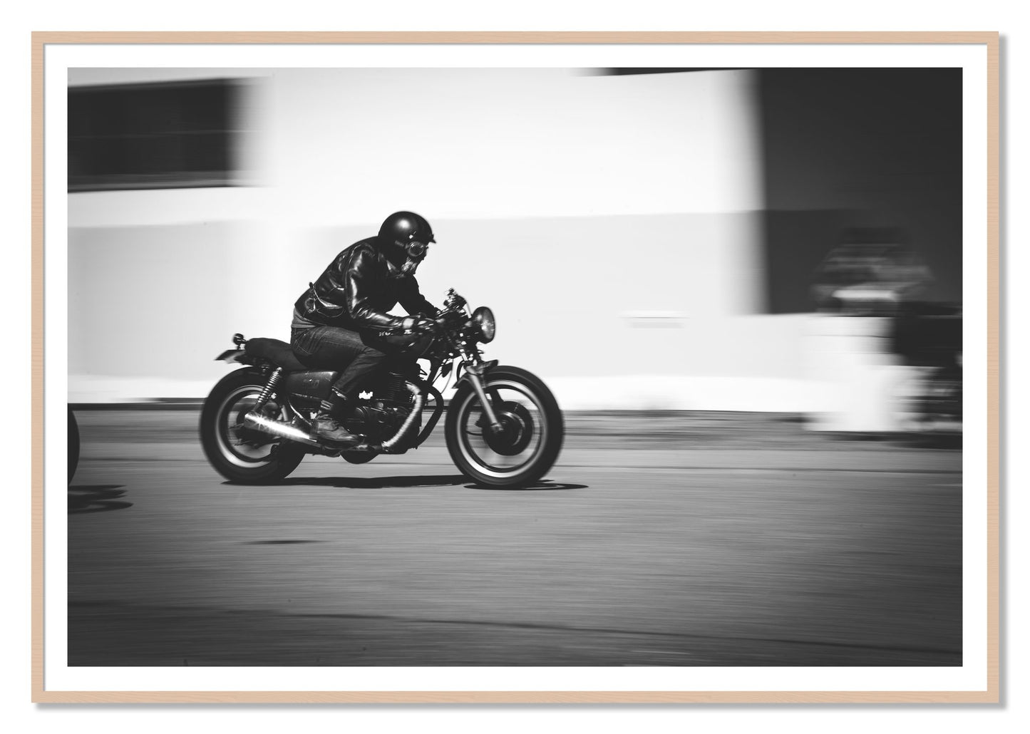 Moto Blurred by Dylan Ozanich, 48×72 print with a White Border in a Maple frame