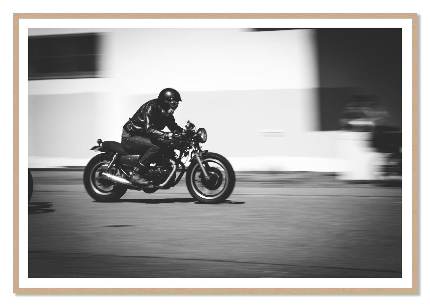 Moto Blurred by Dylan Ozanich, 48×72 print with a White Border in an Oak frame