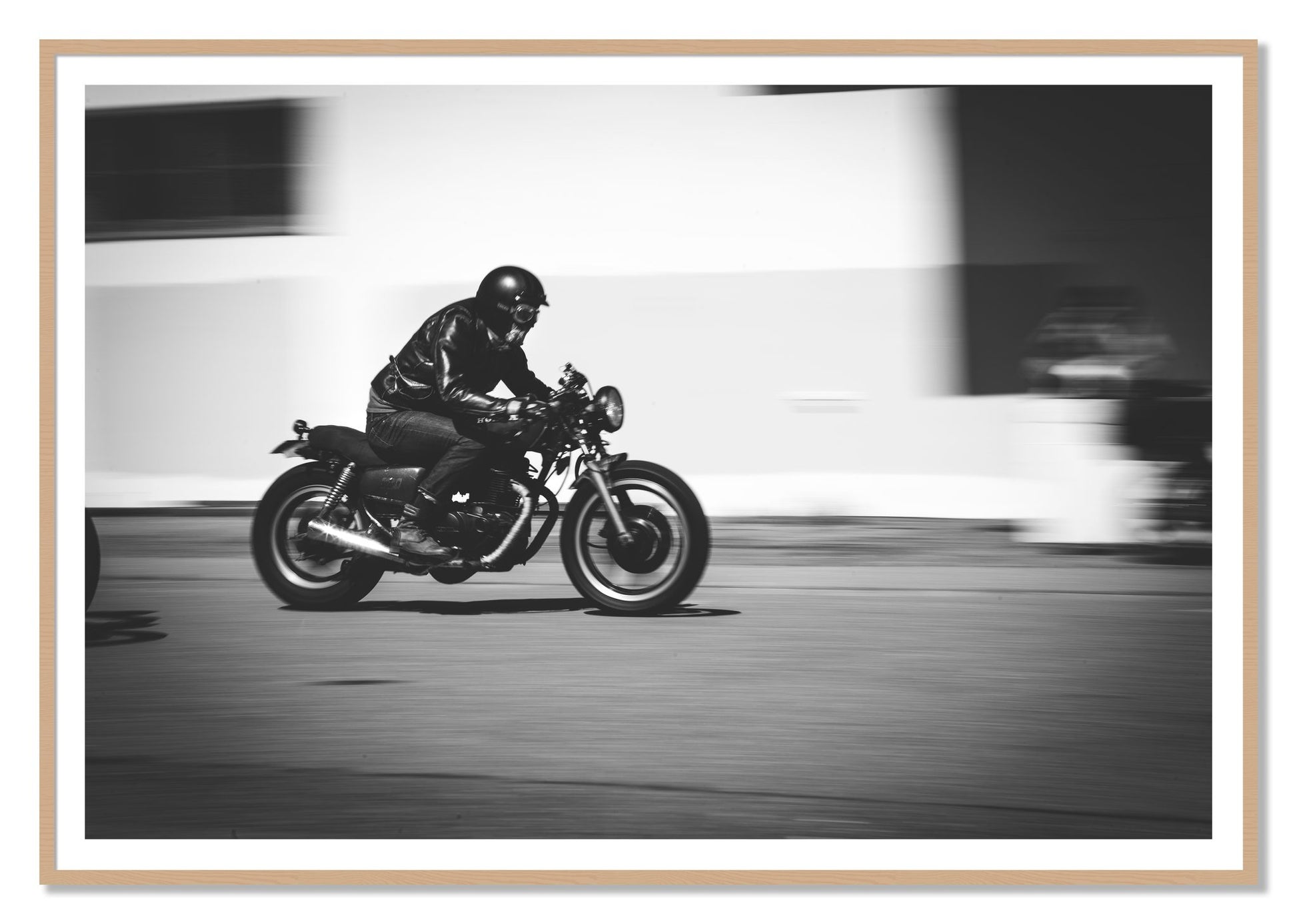 Moto Blurred by Dylan Ozanich, 48×72 print with a White Border in an Oak frame