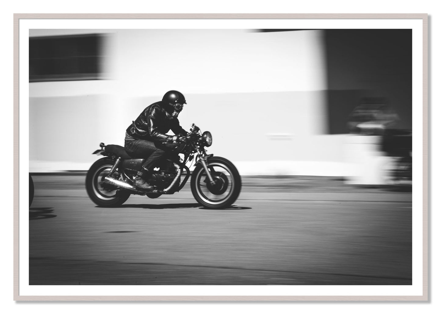 Moto Blurred by Dylan Ozanich, 48×72 print with a White Border in a White Maple frame