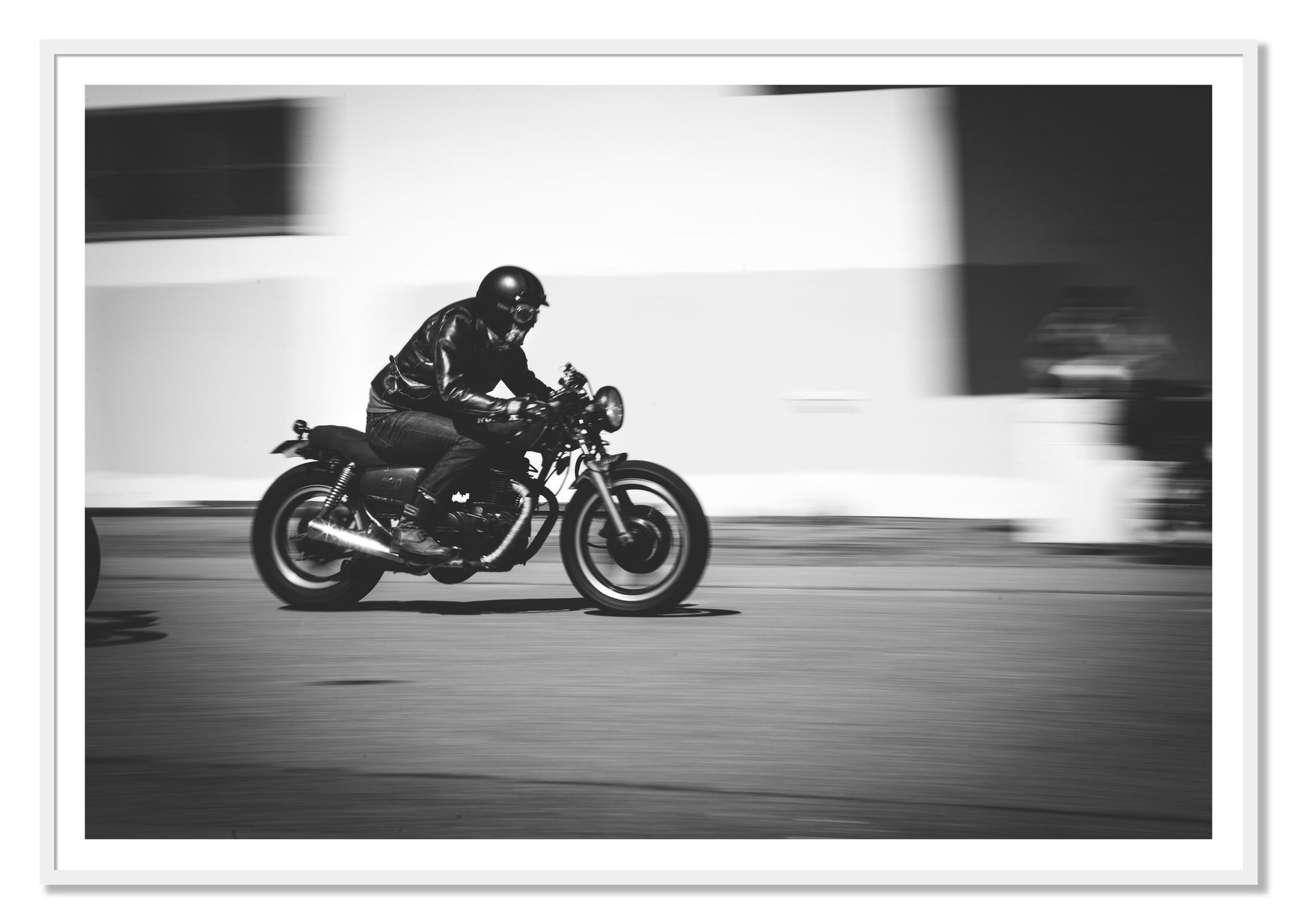 Moto Blurred by Dylan Ozanich, 48×72 print with a White Border in a White frame