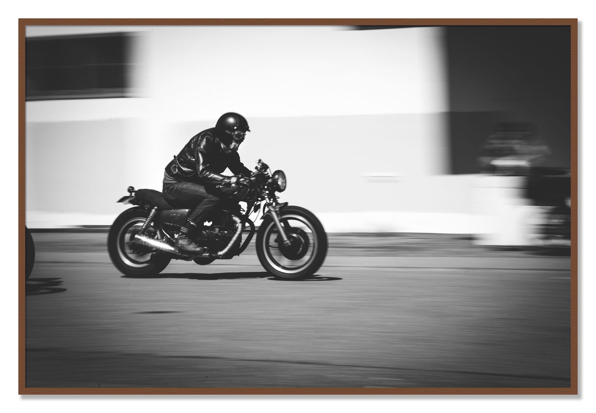 Framed photograph of Moto Blurred by Dylan Ozanich, Walnut frame, Full Bleed