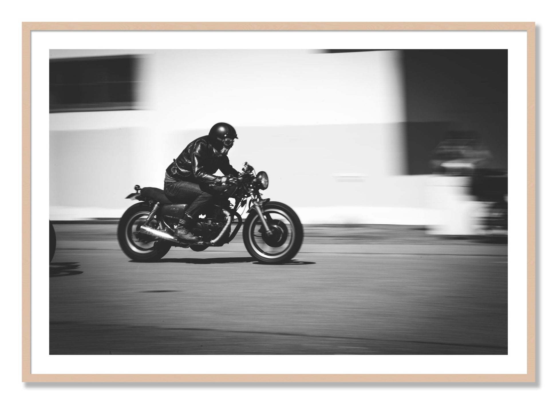 Framed photograph of Moto Blurred by Dylan Ozanich, Maple frame, Borders