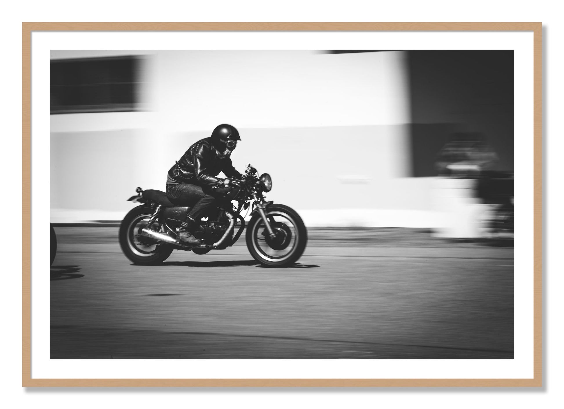 Framed photograph of Moto Blurred by Dylan Ozanich, Oak frame, Borders
