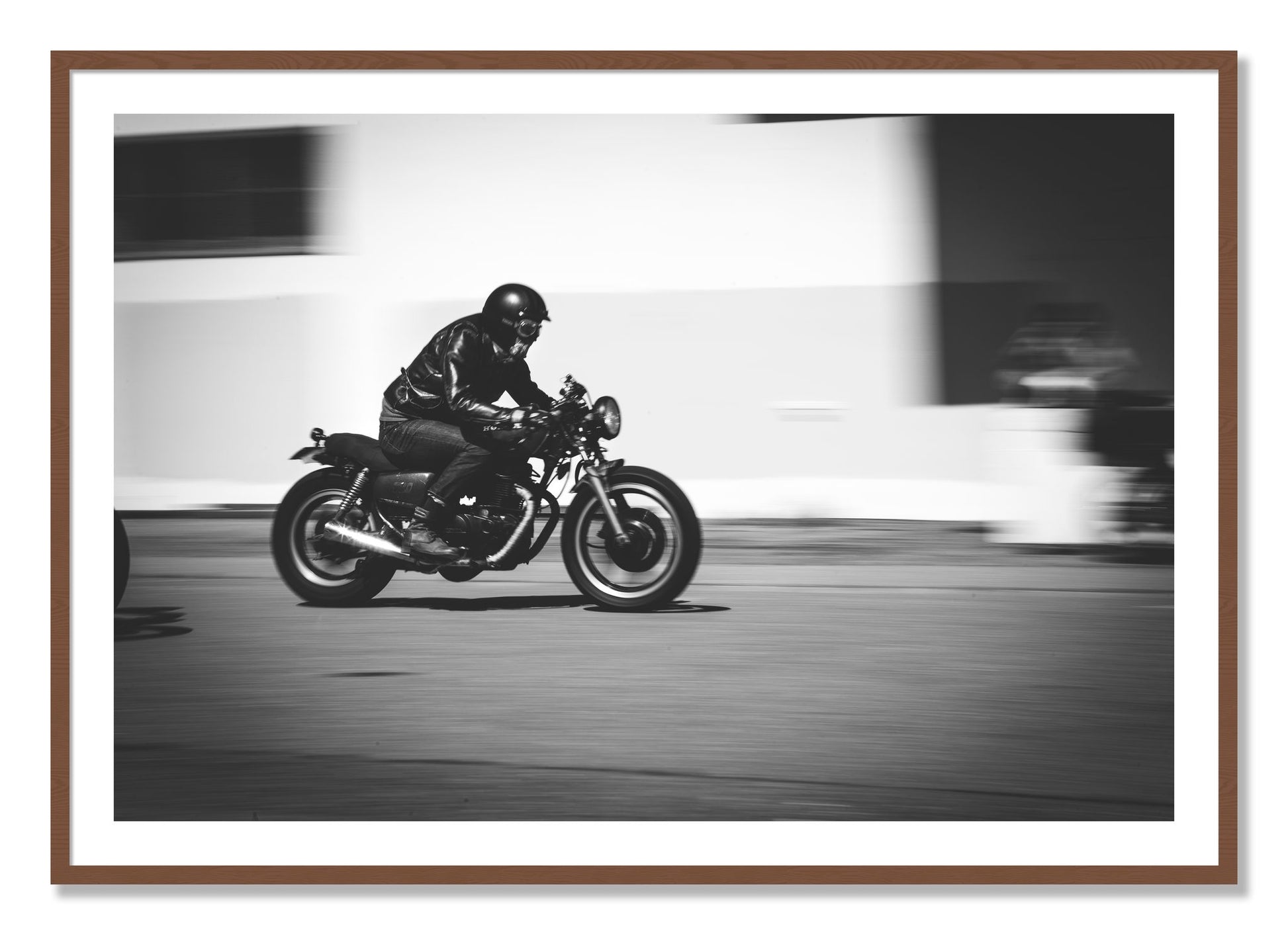 Framed photograph of Moto Blurred by Dylan Ozanich, Walnut frame, Borders