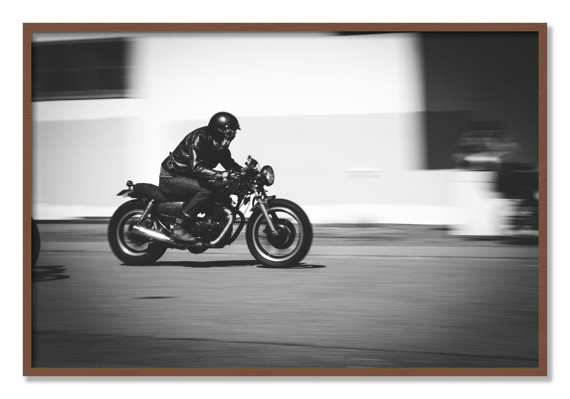 Framed photograph of Moto Blurred by Dylan Ozanich, Walnut frame, Full Bleed
